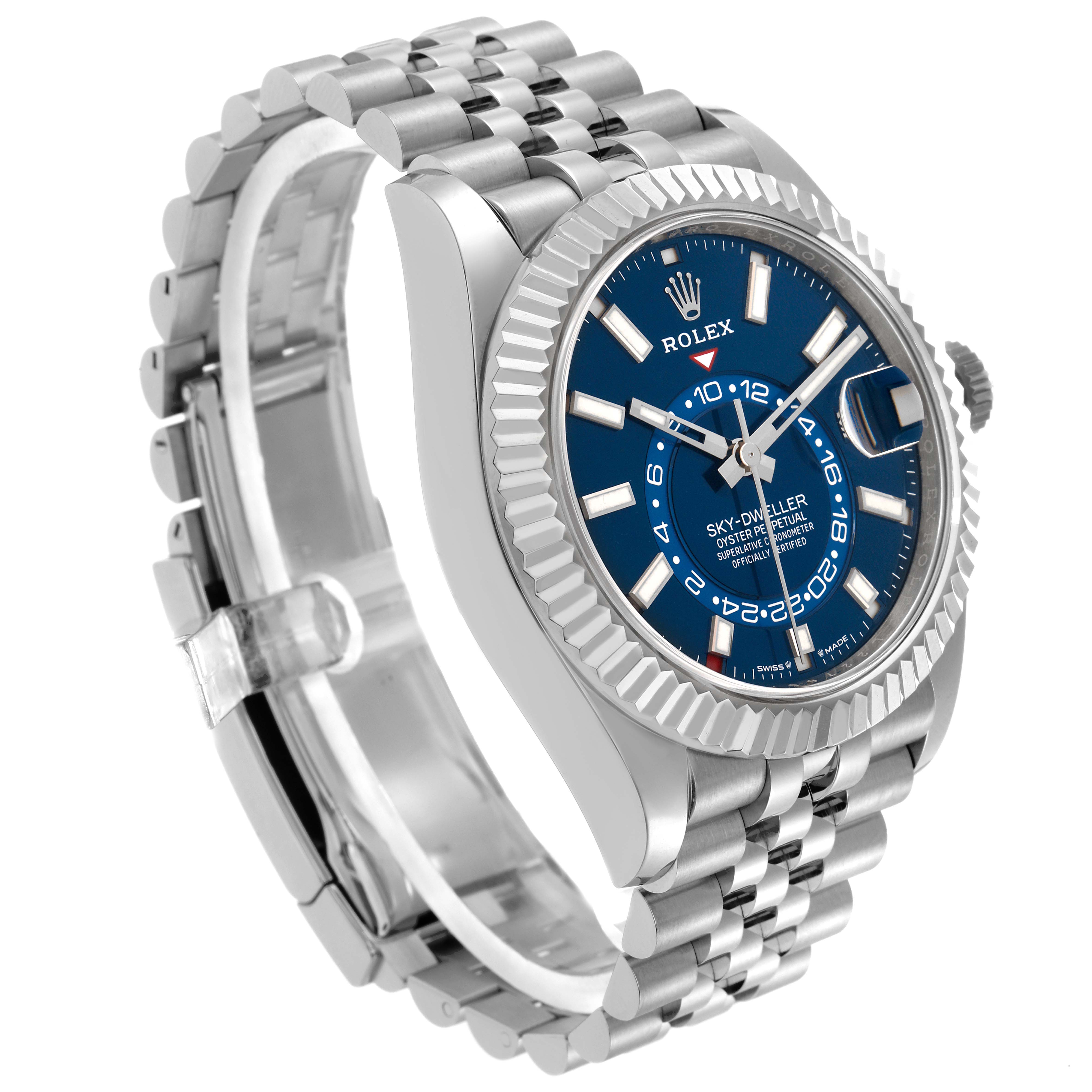 The Rolex Sky-Dweller 336934 Men
s Stainless Steel Blue Dial 336934 Men
s Stainless Steel Blue Dial is shown at an angle highlighting the dial, bezel, and partially open bracelet.