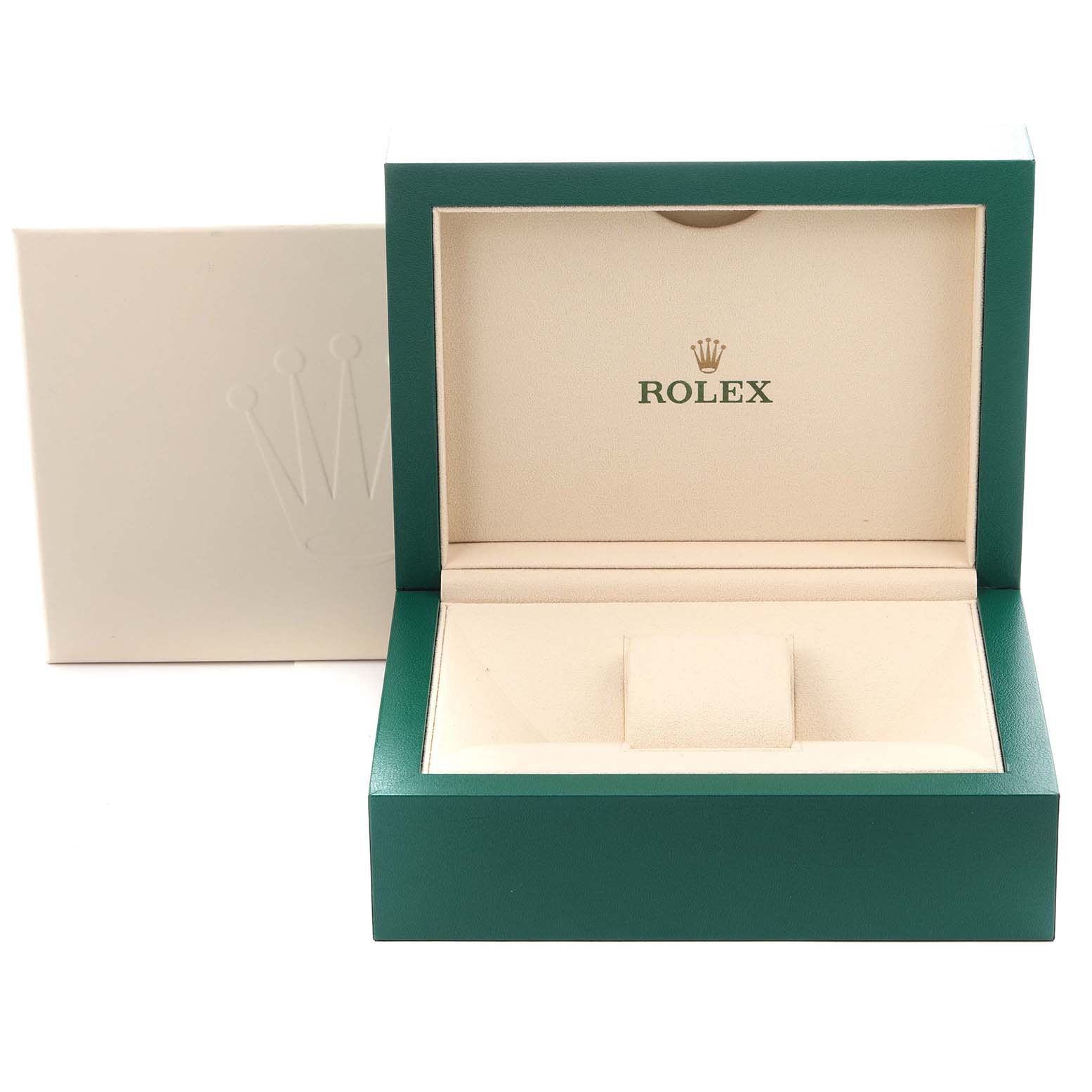 The image shows an open Rolex watch box for the Sky-Dweller model, displaying the interior and logo from a front angle.