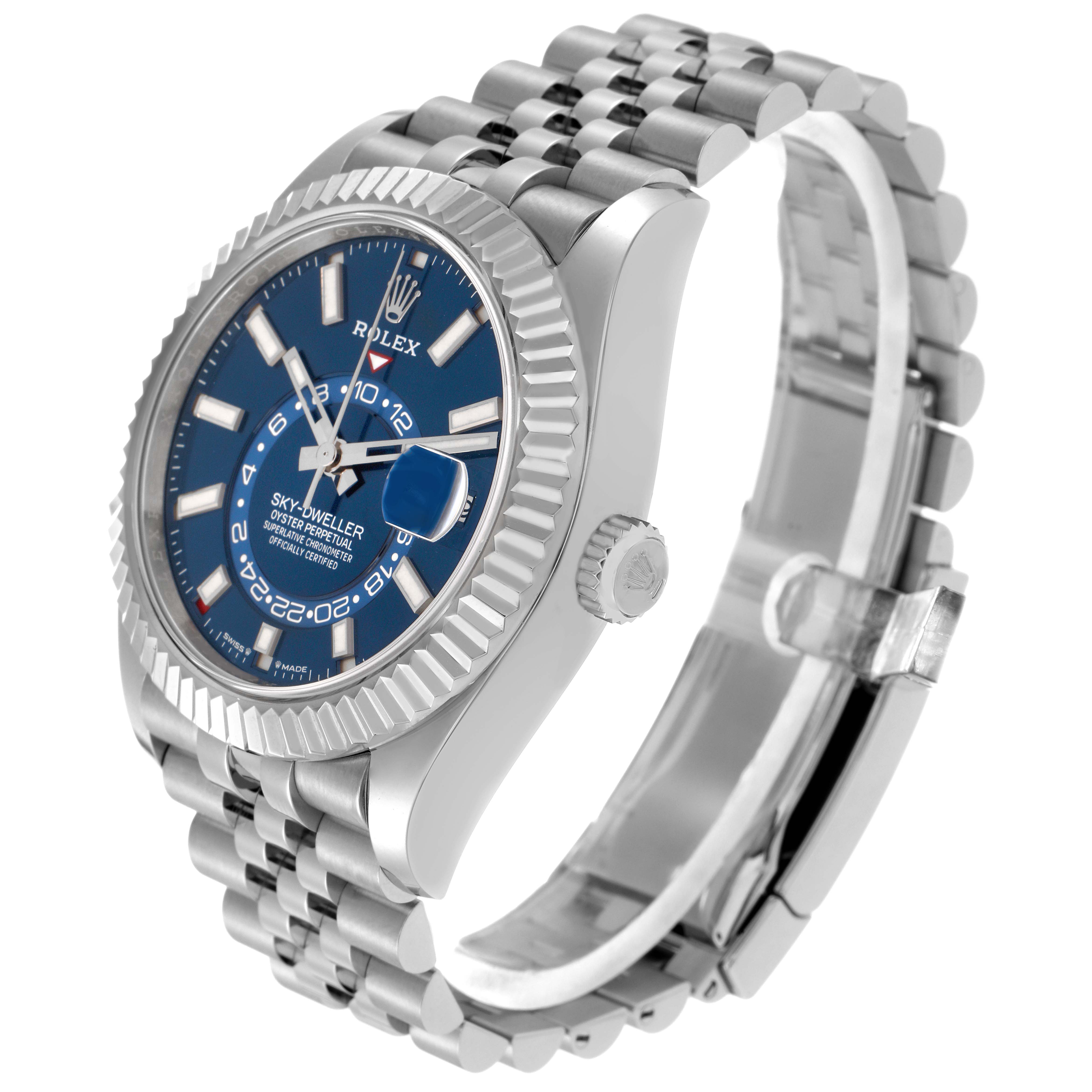 The Rolex Sky-Dweller 336934 Men
s Stainless Steel Blue Dial 336934 Men
s Stainless Steel Blue Dial watch is shown at a three-quarter angle, highlighting the face, bezel, and bracelet.