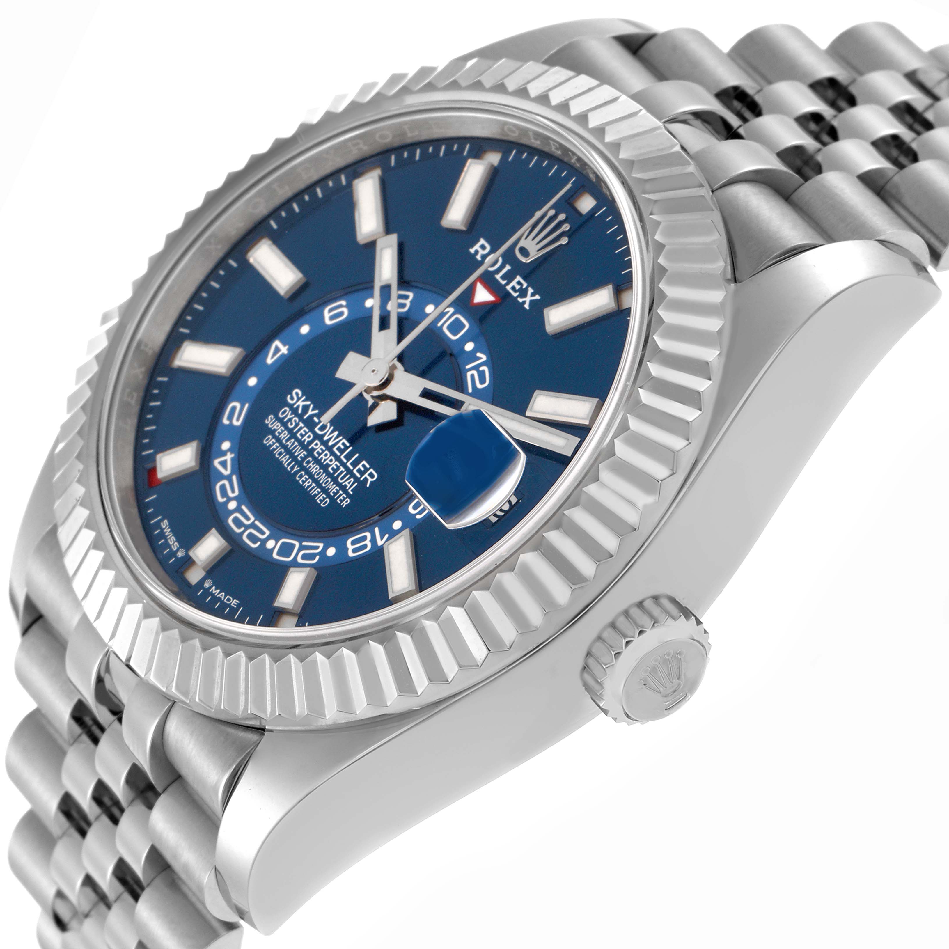 The Rolex Sky-Dweller 336934 Men
s Stainless Steel Blue Dial 336934 Men
s Stainless Steel Blue Dial watch is shown at an angle highlighting the face, fluted bezel, and part of the bracelet.