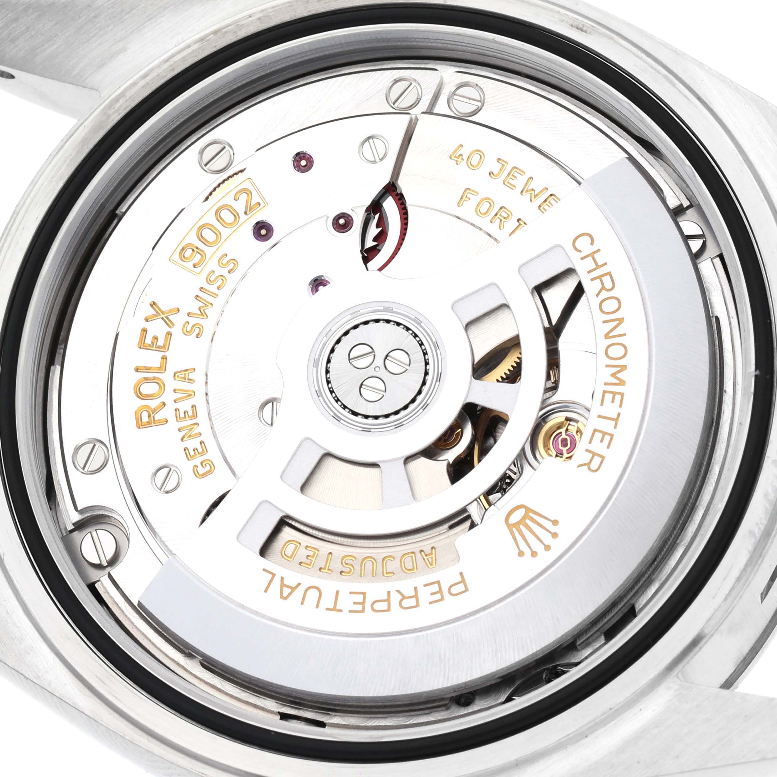 The image shows the movement of a Rolex Sky-Dweller 336934 Men
s Stainless Steel Green Dial 336934 Men
s Stainless Steel Green Dial from the back, highlighting its intricate mechanical components and engravings.