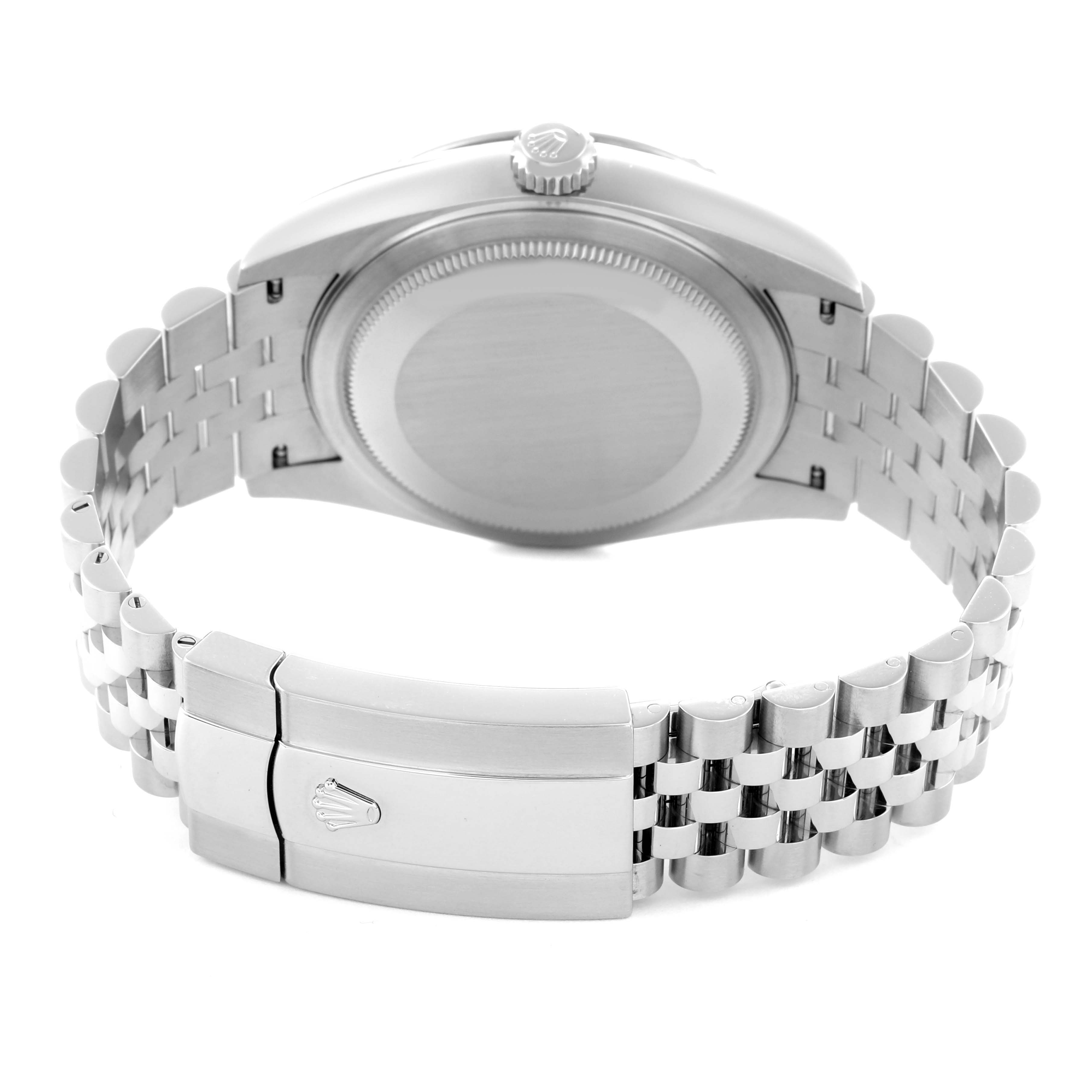 The image shows the back view of a Rolex Sky-Dweller 336934 Men
s Stainless Steel Green Dial 336934 Men
s Stainless Steel Green Dial watch, featuring the case back, jubilee bracelet, and clasp.