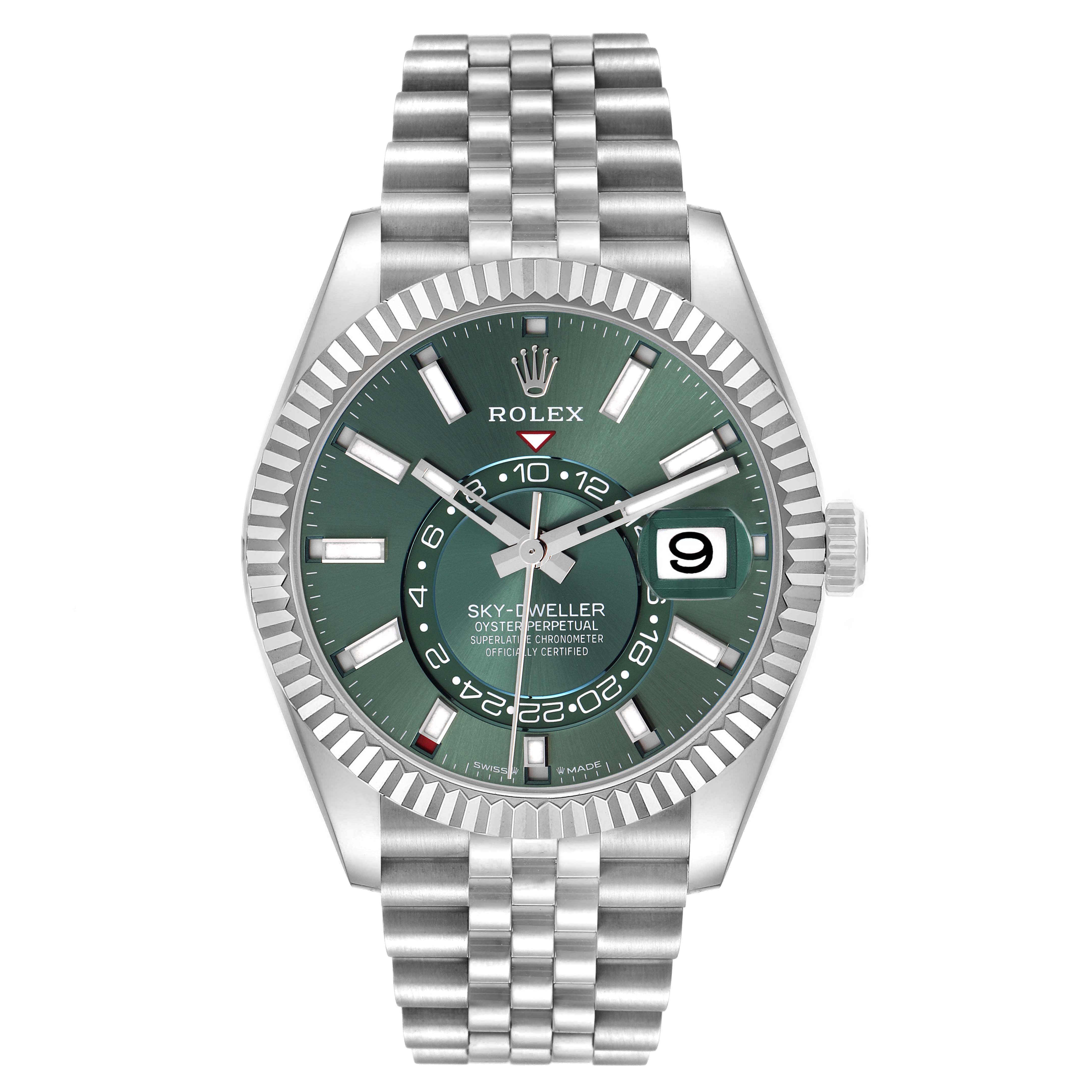 The Rolex Sky-Dweller 336934 Men
s Stainless Steel Green Dial 336934 Men
s Stainless Steel Green Dial watch is shown from a front angle, highlighting the face, bezel, and bracelet.