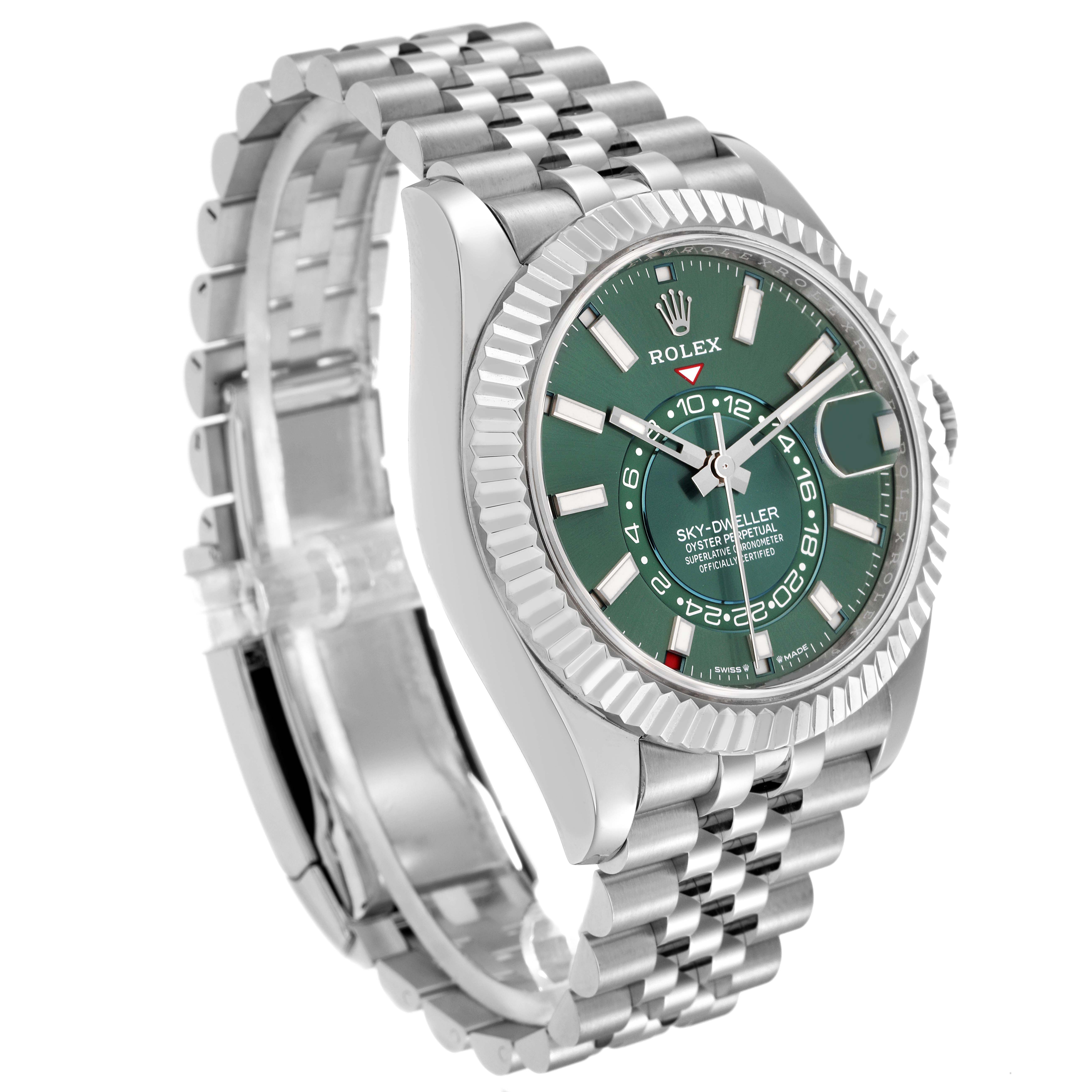 The Rolex Sky-Dweller 336934 Men
s Stainless Steel Green Dial 336934 Men
s Stainless Steel Green Dial watch is shown at a three-quarter angle, highlighting its green dial, fluted bezel, and bracelet.