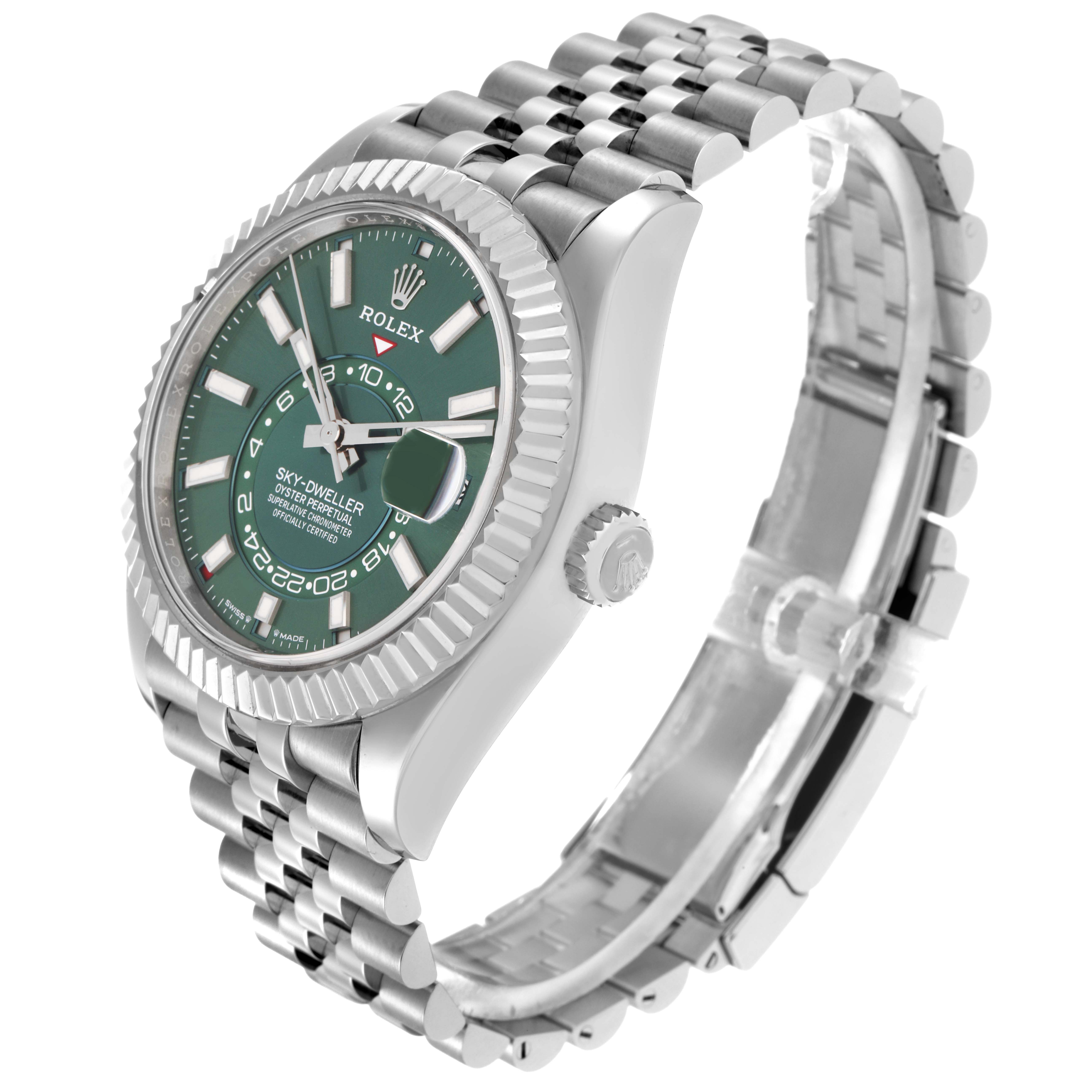 The Rolex Sky-Dweller 336934 Men
s Stainless Steel Green Dial 336934 Men
s Stainless Steel Green Dial watch is shown at an angled side view, displaying the dial, bezel, crown, and bracelet.
