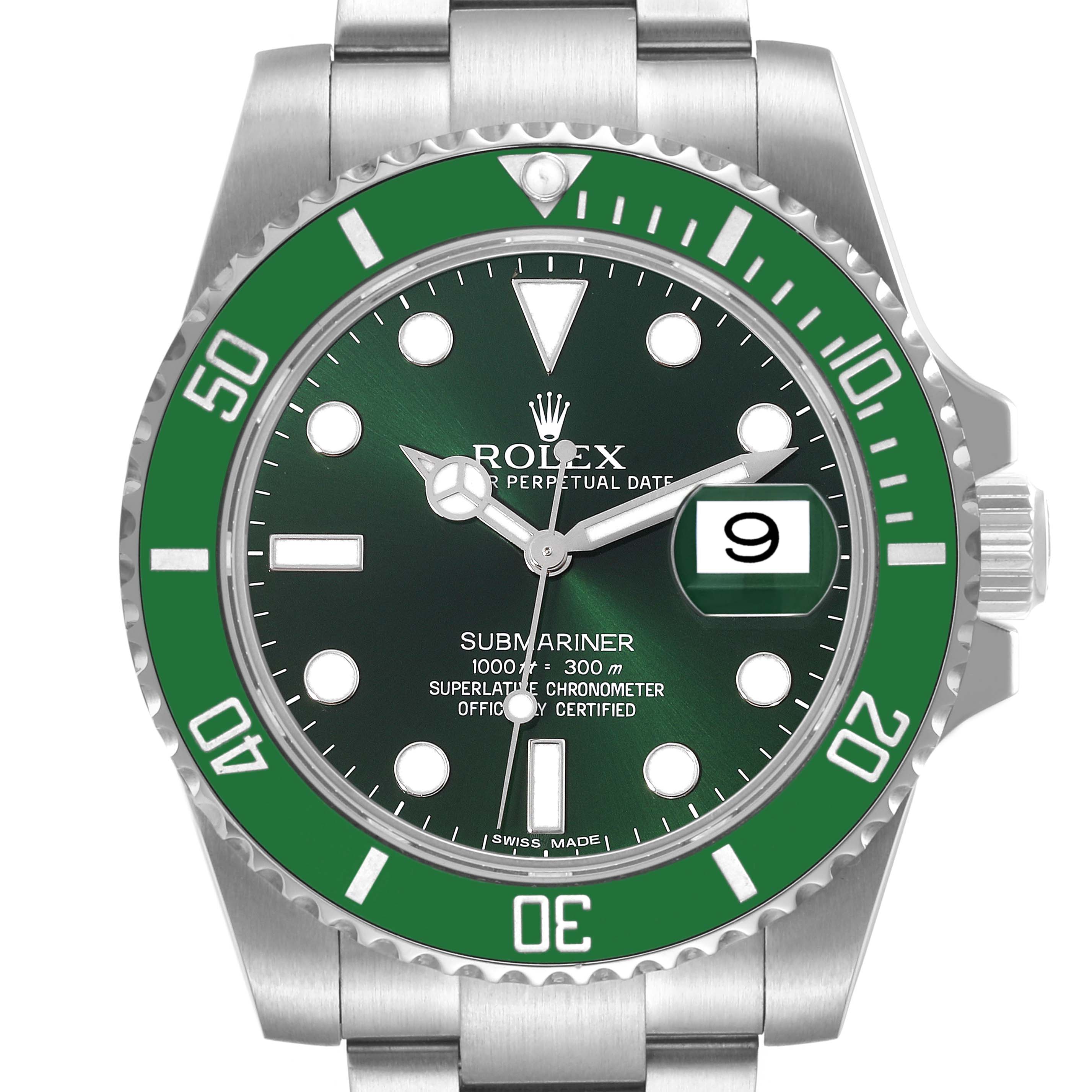 This image shows a front view of a Rolex Submariner 116610LV Men
s Stainless Steel Green Dial 116610LV Men
s Stainless Steel Green Dial watch featuring a green bezel, a green dial, and a date window.