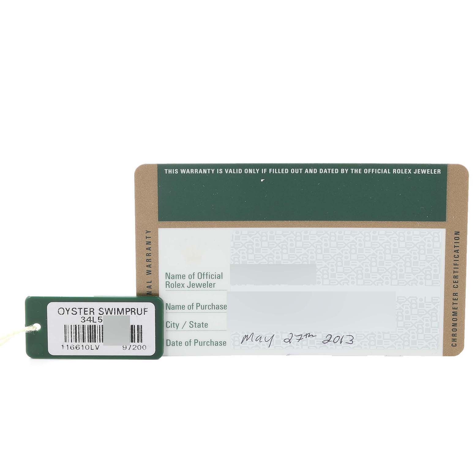 The image shows a warranty card and an Oyster Swimpruf tag for the Rolex Submariner 116610LV Men
s Stainless Steel Green Dial 116610LV Men
s Stainless Steel Green Dial model.