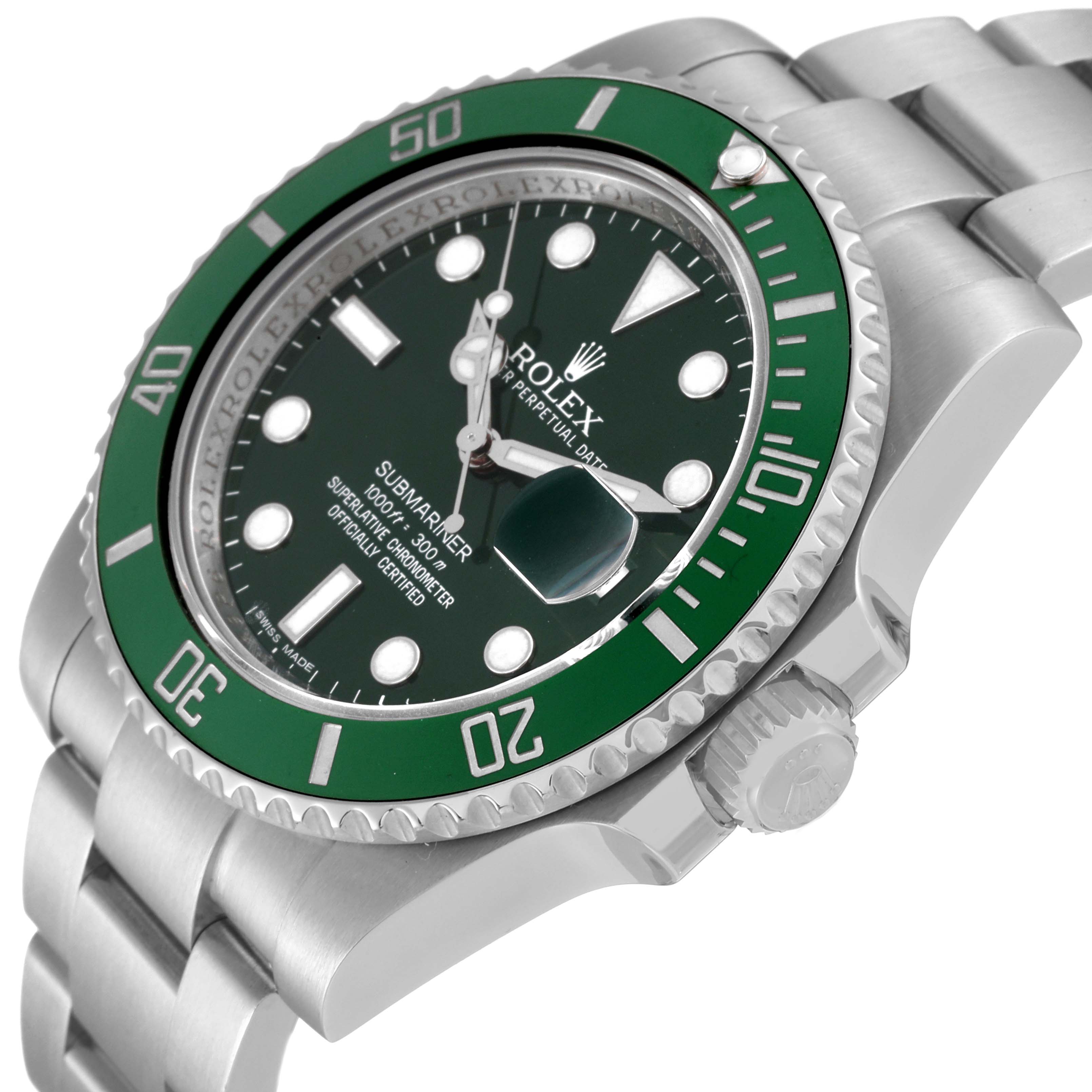 This image shows a close-up, angled view of the Rolex Submariner 116610LV Men
s Stainless Steel Green Dial 116610LV Men
s Stainless Steel Green Dial watch, highlighting the bezel, dial, bracelet, and crown.