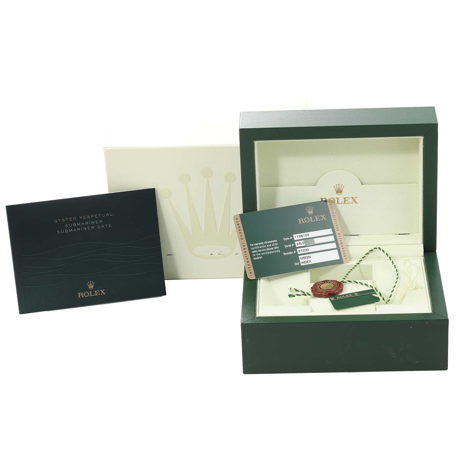 The image shows the packaging, warranty card, and tag for a Rolex Submariner 116610LV Men
s Stainless Steel Green Dial 116610LV Men
s Stainless Steel Green Dial watch, with the inner and outer boxes and manual.
