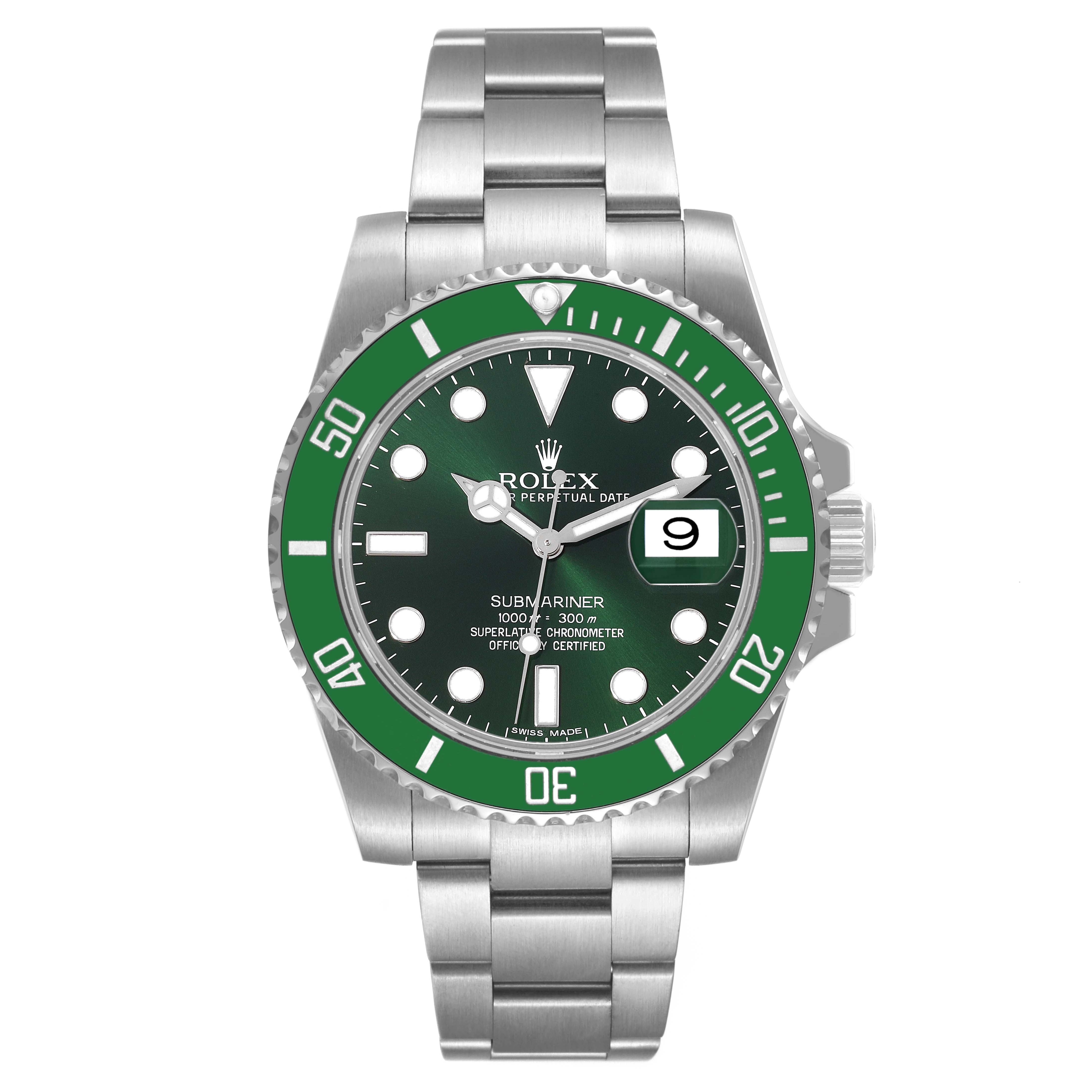 This image shows a front view of a Rolex Submariner 116610LV Men
s Stainless Steel Green Dial 116610LV Men
s Stainless Steel Green Dial watch with a green bezel and dial.