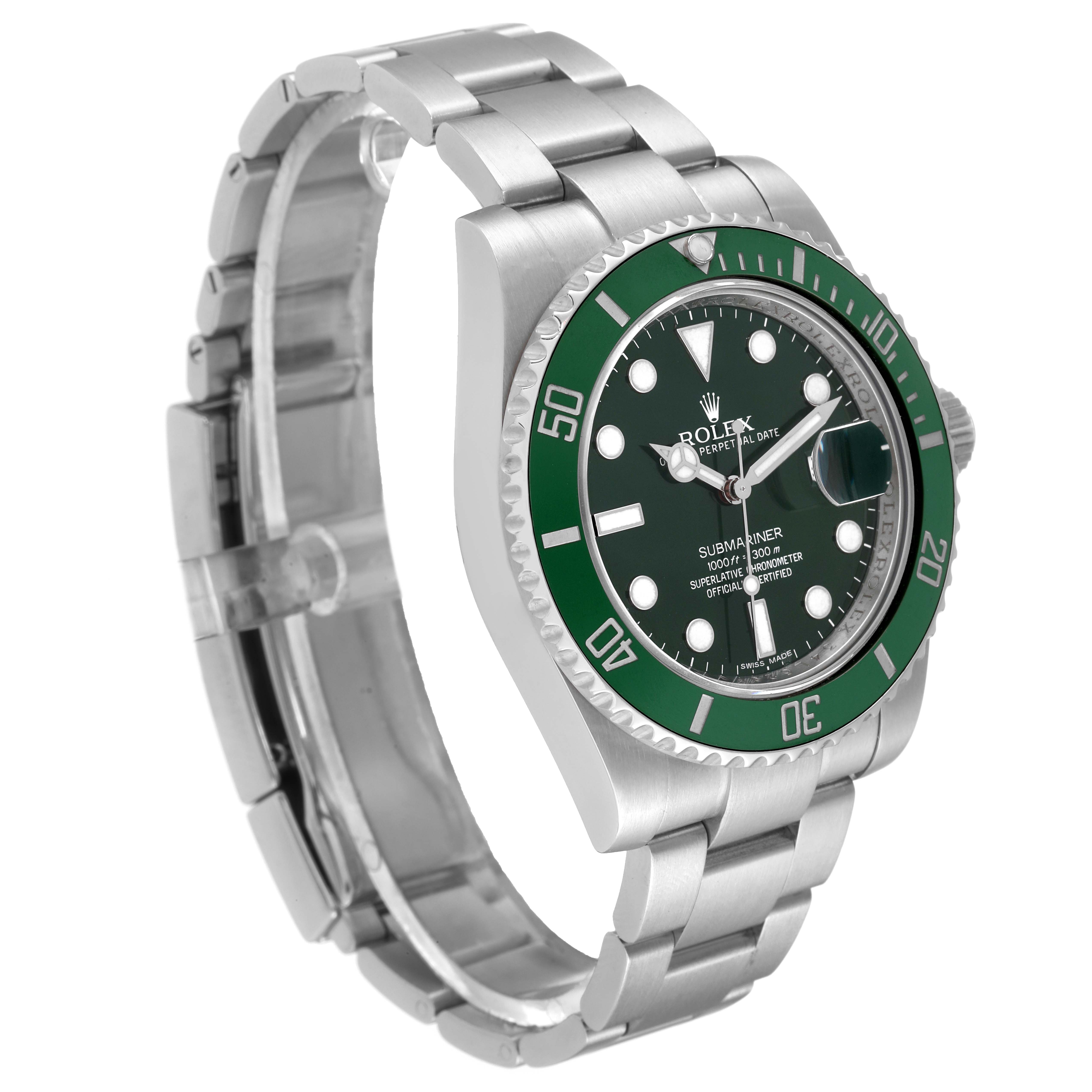 The Rolex Submariner 116610LV Men
s Stainless Steel Green Dial 116610LV Men
s Stainless Steel Green Dial watch is shown from a side angle, highlighting its green bezel, black dial, and stainless steel bracelet.