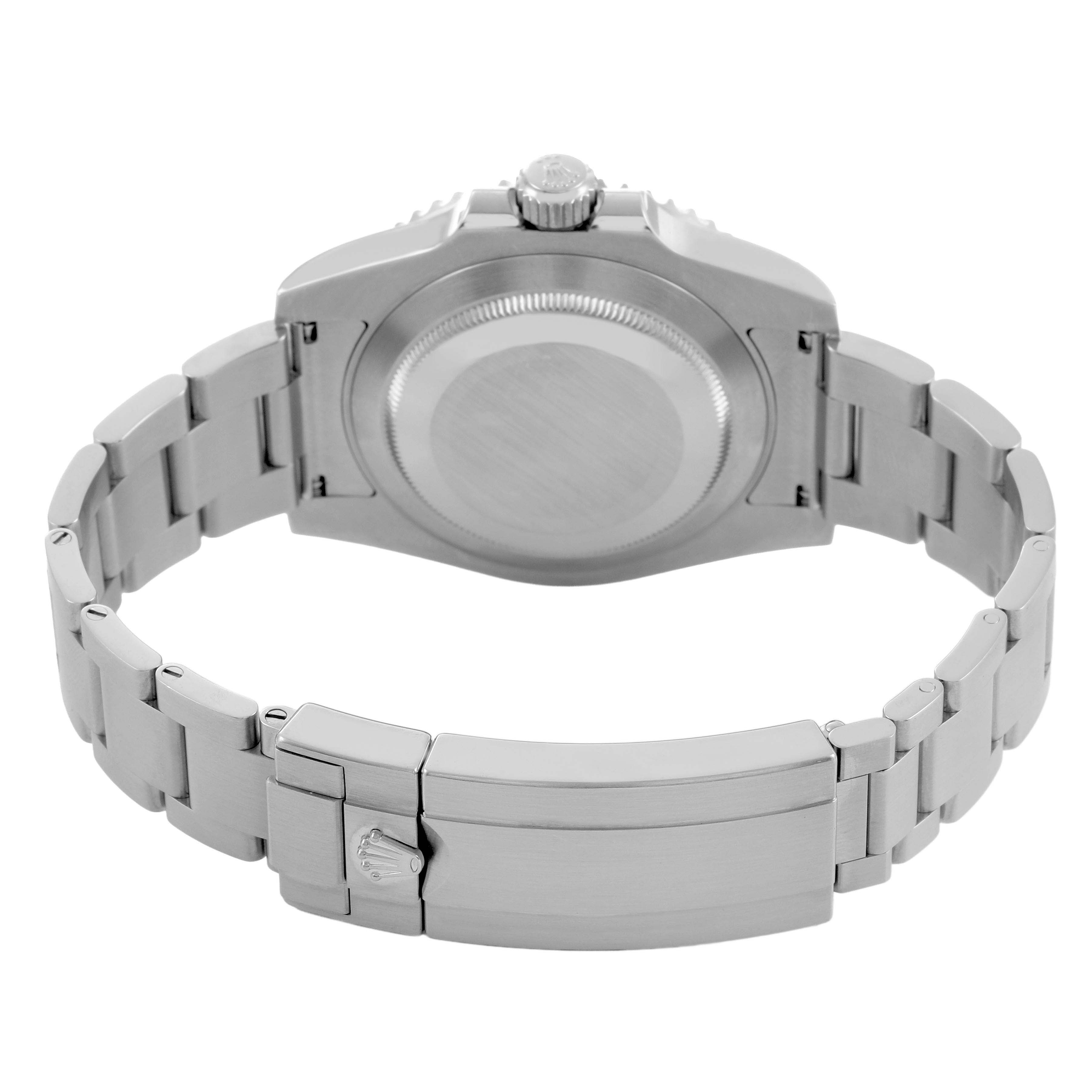 The image shows the back case and clasp of a Rolex Submariner 116610LV Men's Stainless Steel Green Dial, viewed from the rear.