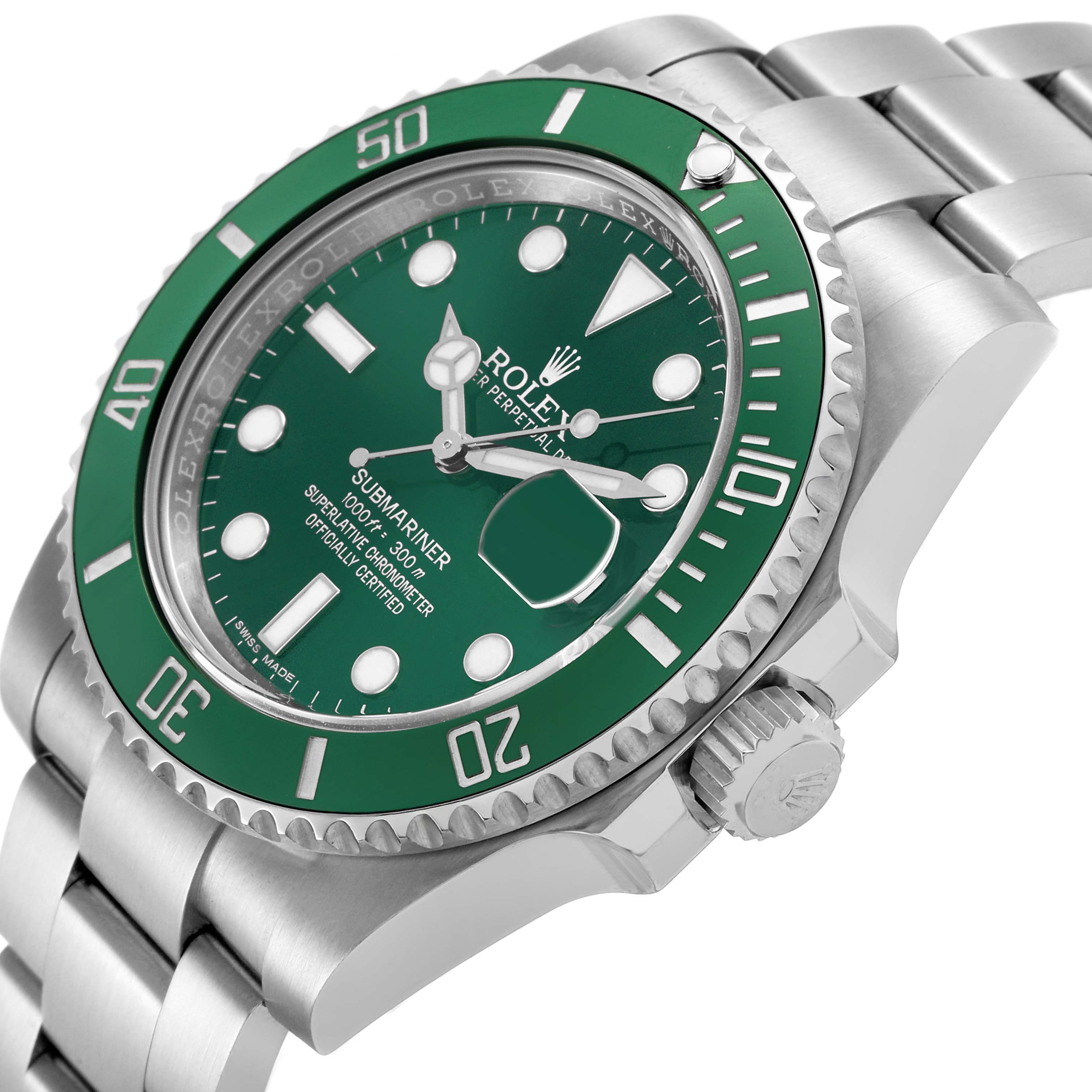 The Rolex Submariner 116610LV Men's Stainless Steel Green Dial watch is shown at an angled side view, highlighting the green bezel, dial, and bracelet.