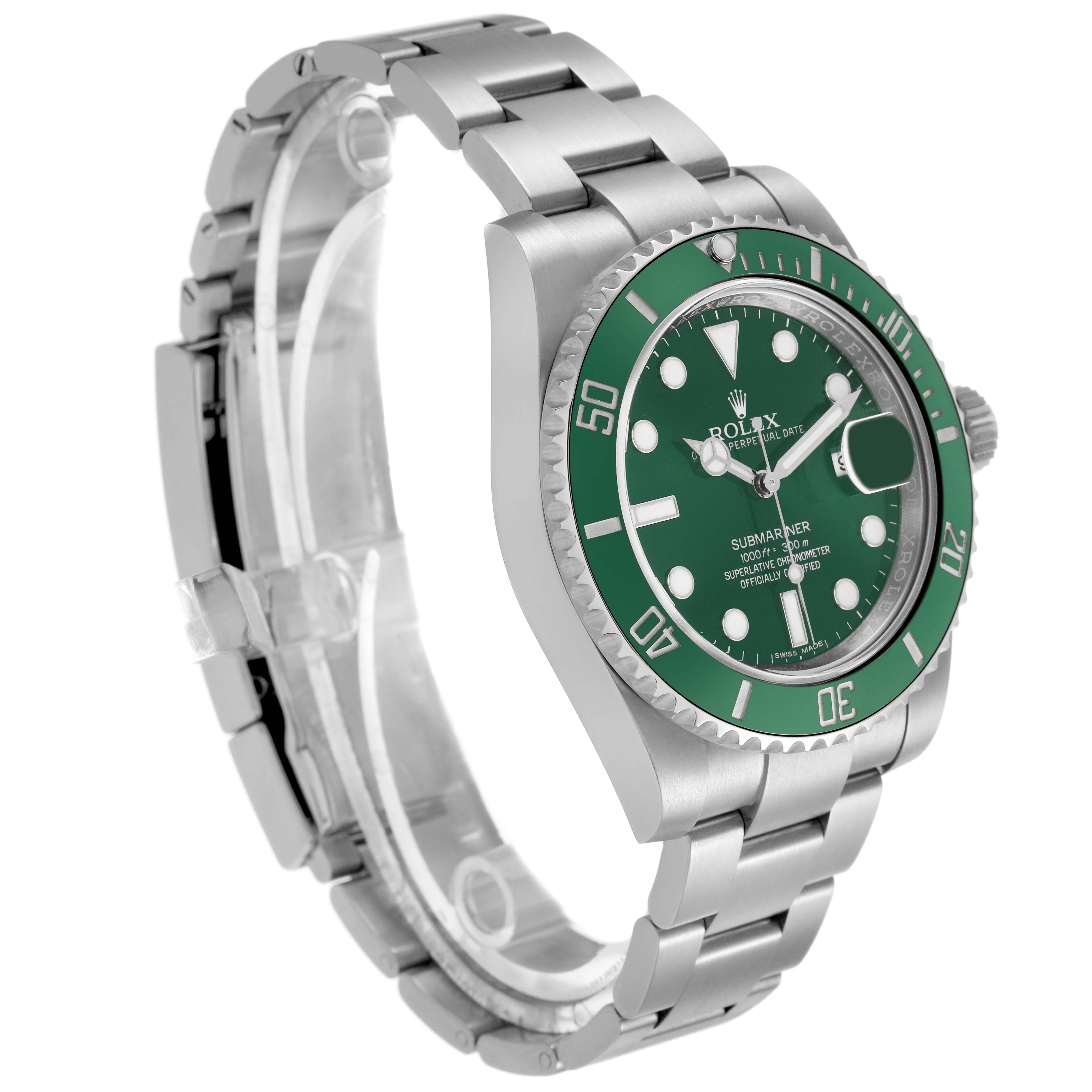 The Rolex Submariner 116610LV Men's Stainless Steel Green Dial is shown at an angled view, highlighting its bezel, dial, bracelet, and crown.