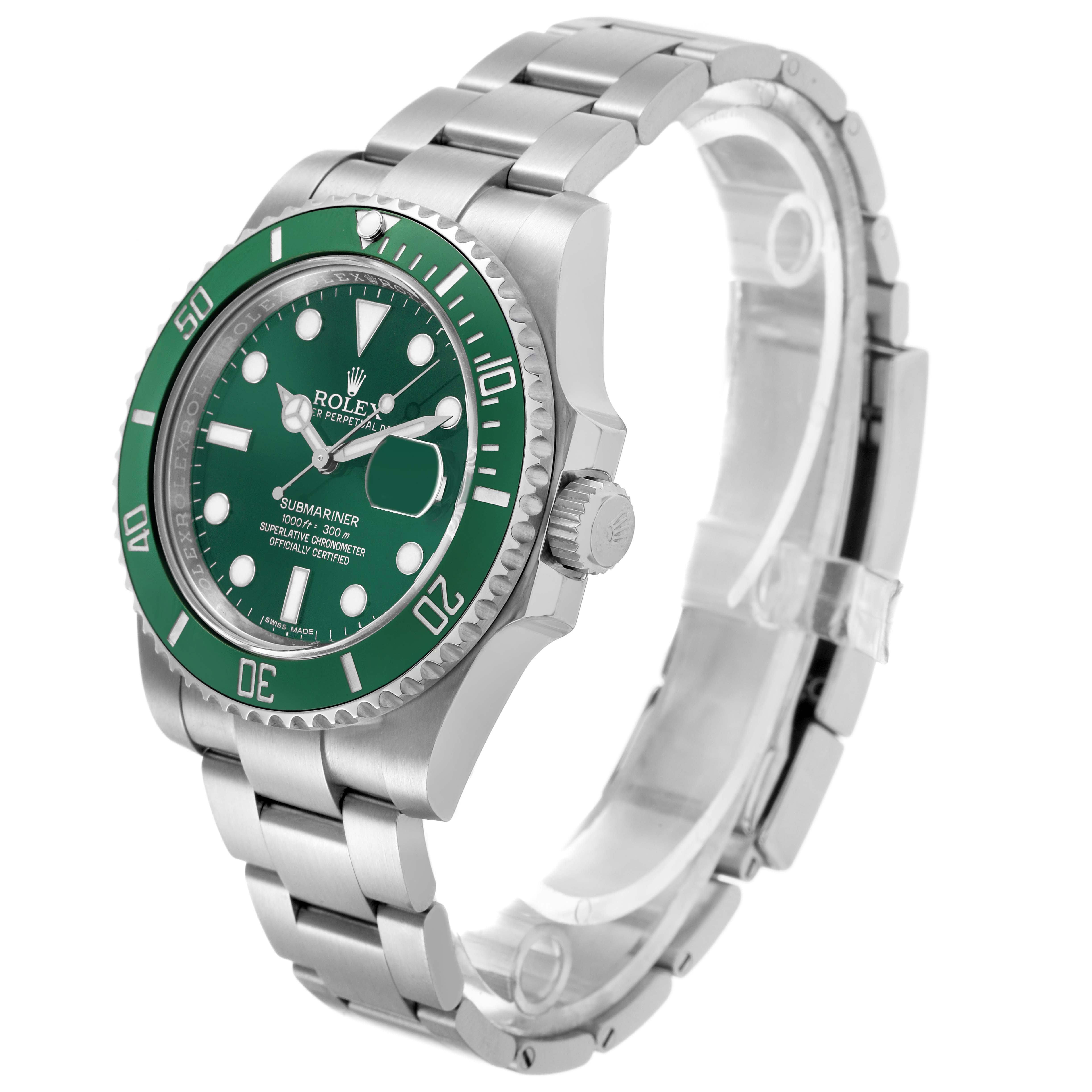 The Rolex Submariner 116610LV Men's Stainless Steel Green Dial is shown at a slight angle, highlighting the green bezel, dial, and stainless steel bracelet.