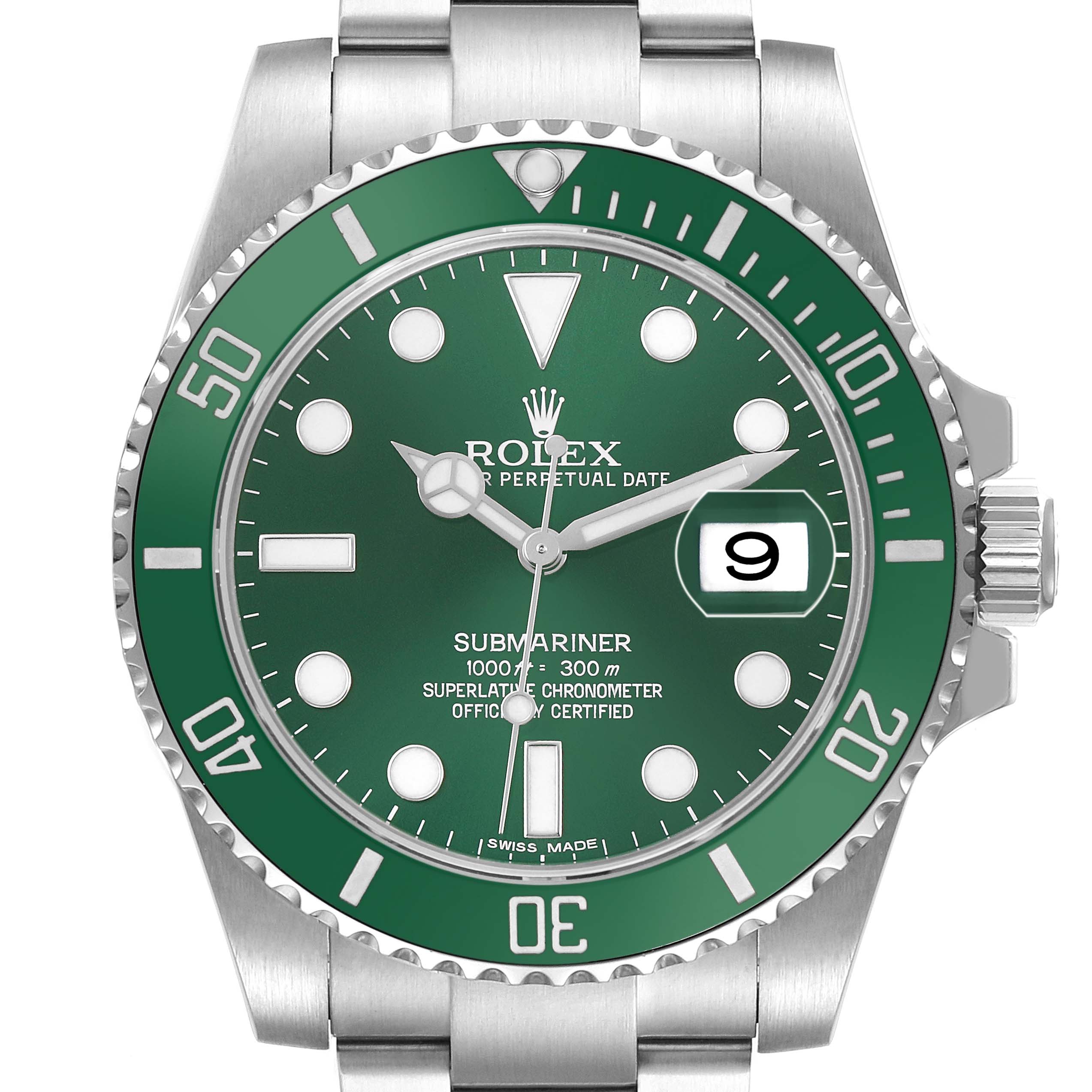 The Rolex Submariner 116610LV Men's Stainless Steel Green Dial is shown in a front view angle highlighting its green bezel, dial, and bracelet.