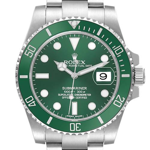 The Rolex Submariner 116610LV Men's Stainless Steel Green Dial watch is shown from the front, highlighting the green bezel, dial, and date window.