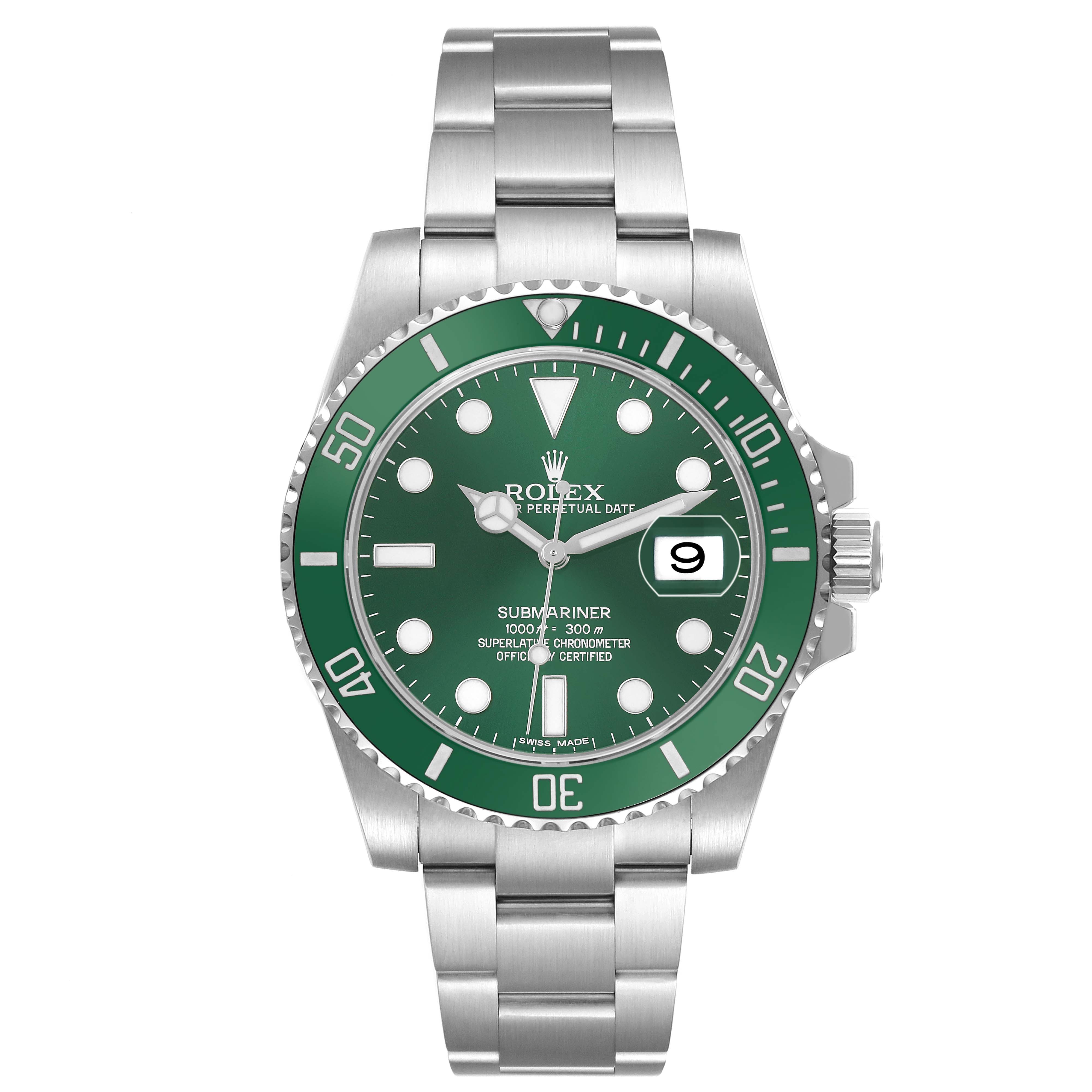 The Rolex Submariner 116610LV Men's Stainless Steel Green Dial watch is shown from a front angle, displaying the green dial, bezel, case, bracelet, and crown.