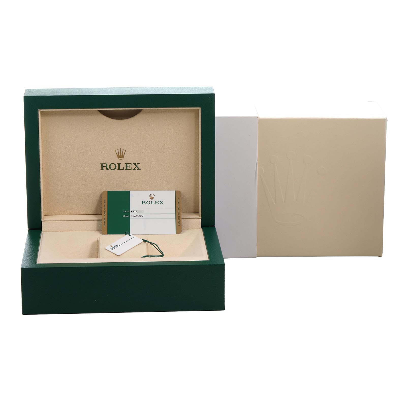 The image shows the packaging for a Rolex Submariner 116610LV Men's Stainless Steel Green Dial, including the box, warranty card, and tag.