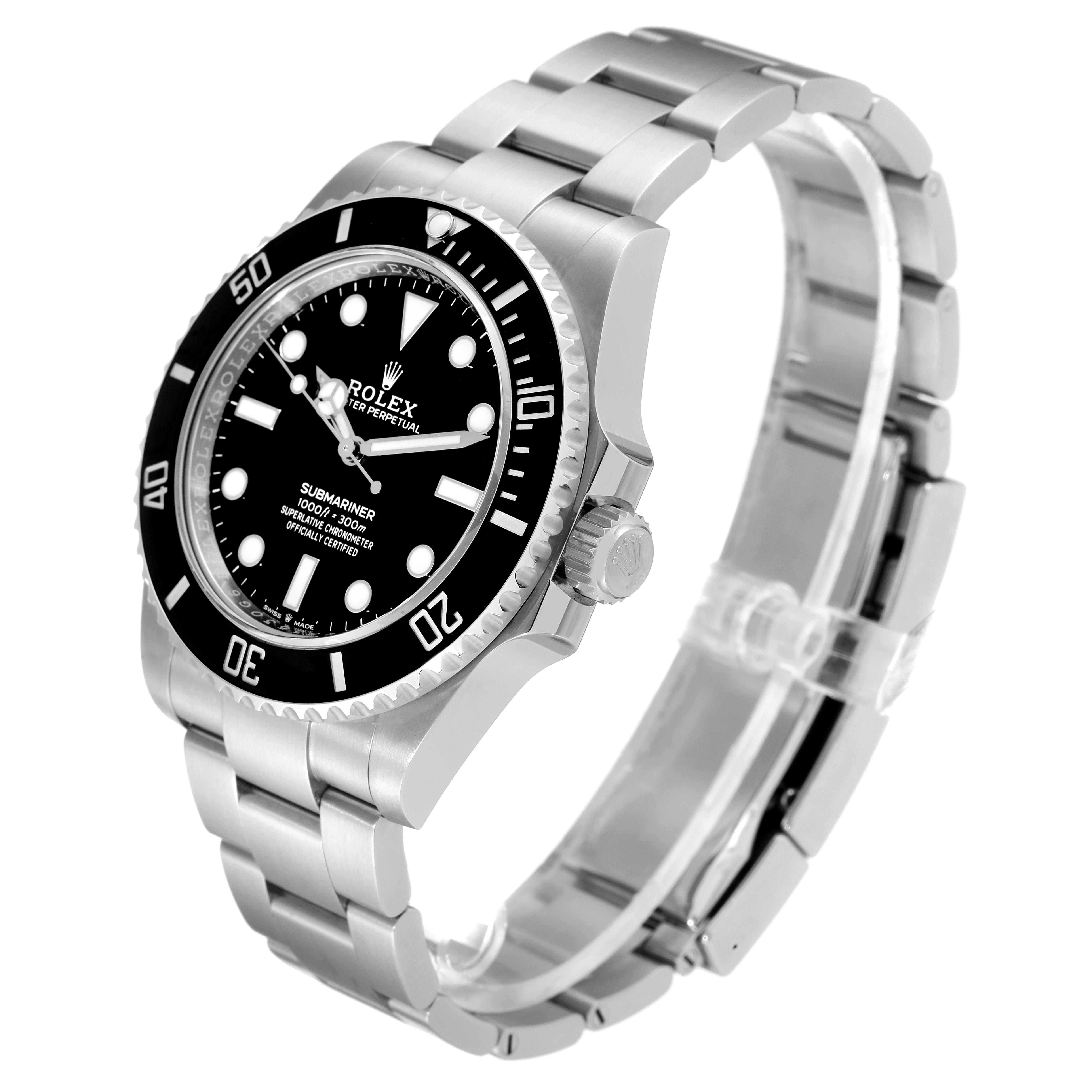 The image shows a side angle view of a Rolex Submariner 124060 Men
s Stainless Steel Black Dial 124060 Men
s Stainless Steel Black Dial watch, highlighting the bezel, dial, crown, and bracelet.