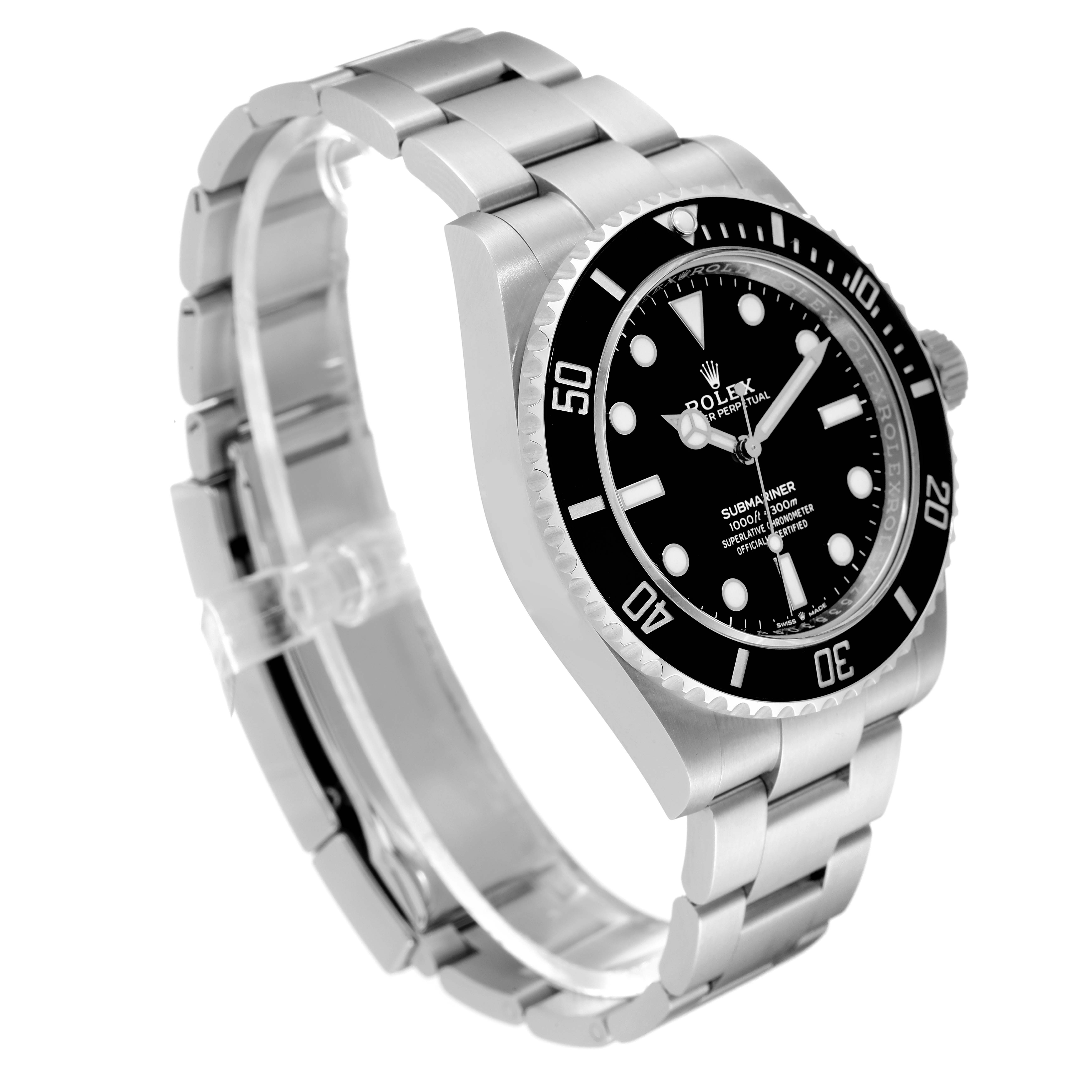 The image shows a Rolex Submariner 124060 Men
s Stainless Steel Black Dial 124060 Men
s Stainless Steel Black Dial watch angled to display its face, bezel, crown, and stainless steel bracelet.