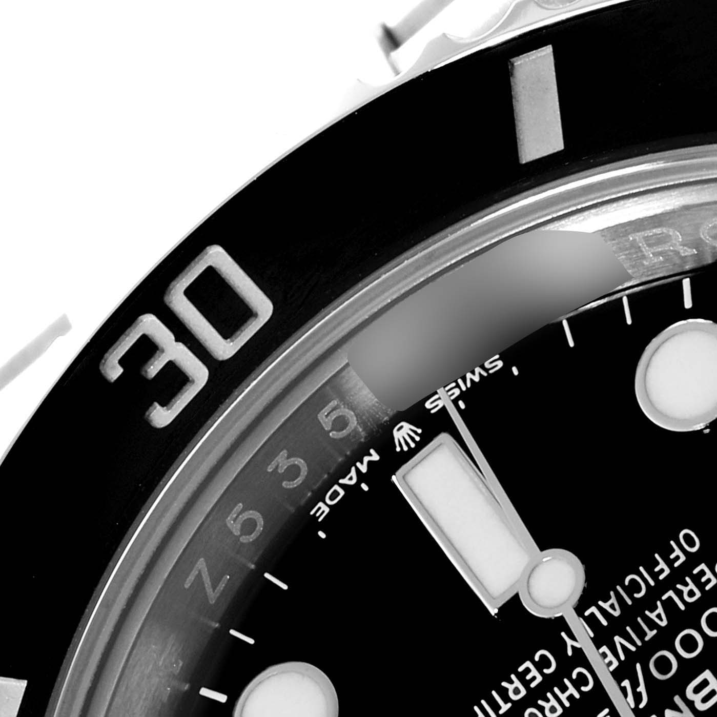 This image shows a close-up of the bezel and part of the dial of a Rolex Submariner 124060 Men
s Stainless Steel Black Dial 124060 Men
s Stainless Steel Black Dial watch, highlighting the "30" marker.