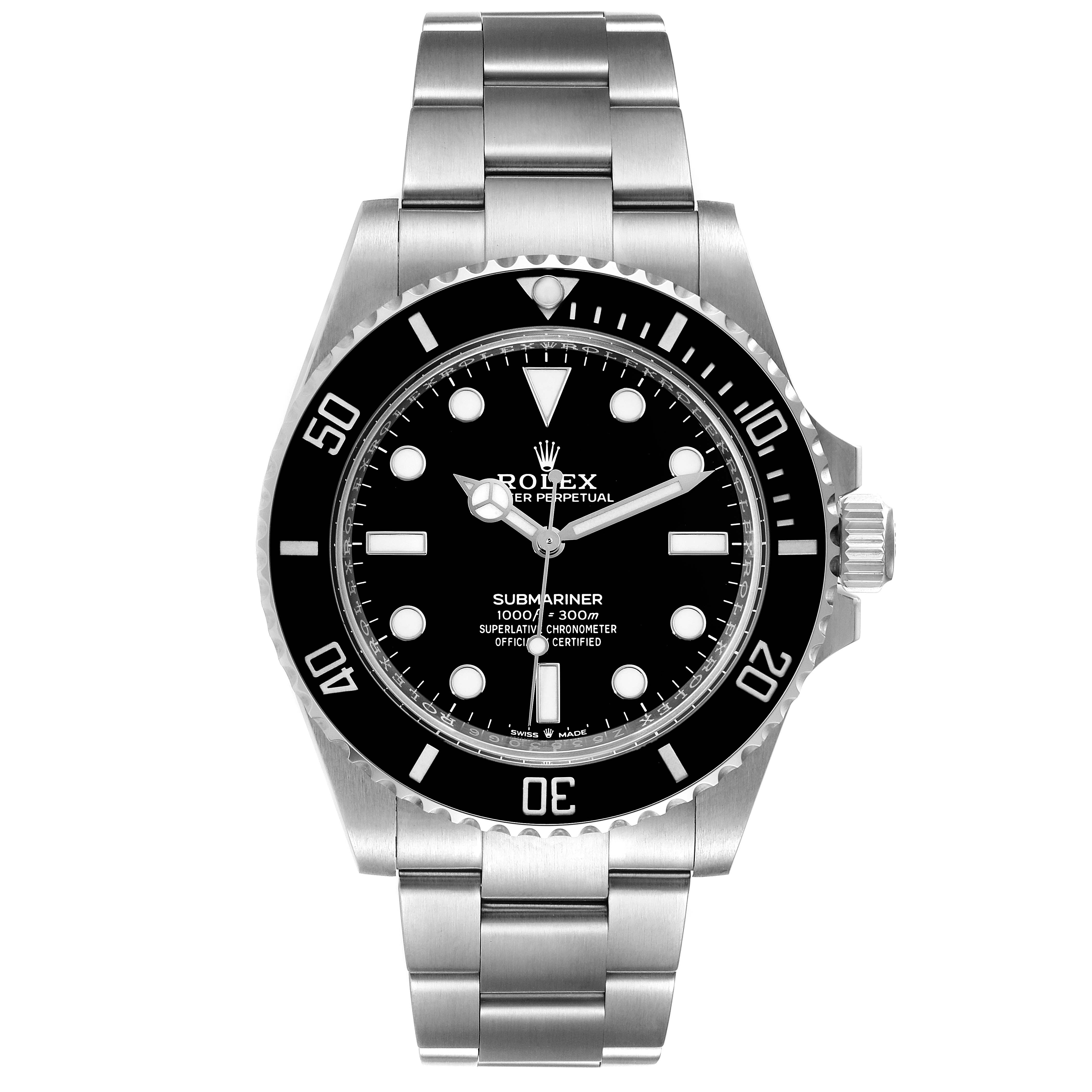 The image shows a front view of the Rolex Submariner 124060 Men
s Stainless Steel Black Dial 124060 Men
s Stainless Steel Black Dial watch, highlighting its stainless steel bracelet, black dial, and bezel.