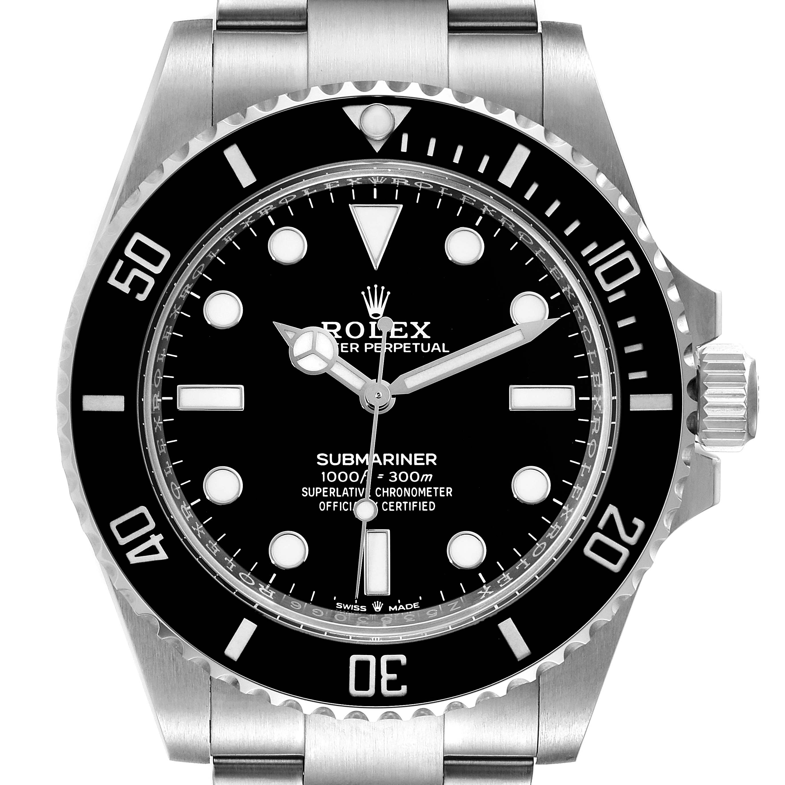 The image shows a front view of a Rolex Submariner 124060 Men
s Stainless Steel Black Dial 124060 Men
s Stainless Steel Black Dial watch, displaying its dial, bezel, and part of the bracelet.