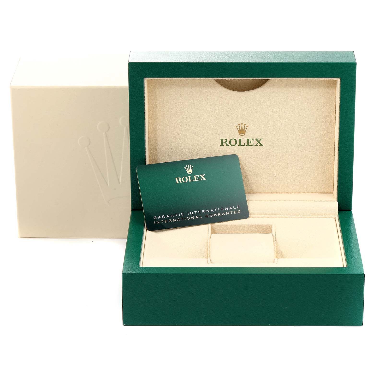 The image shows an empty Rolex Submariner 124060 Men
s Stainless Steel Black Dial 124060 Men
s Stainless Steel Black Dial watch box with its international guarantee card.
