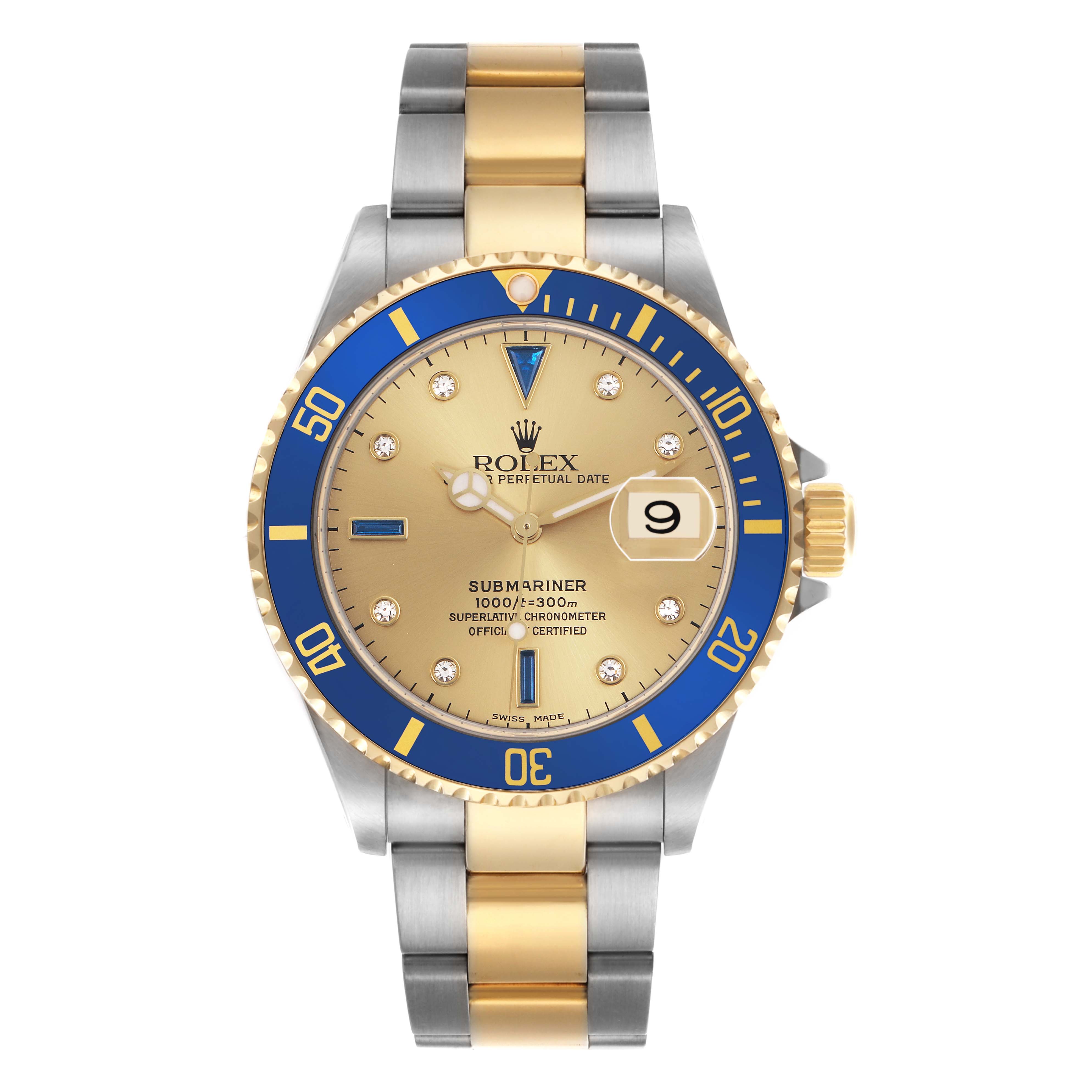 The Rolex Submariner 16613 Men
s Steel and Gold (two tone) Champagne Dial 16613 Men
s Steel and Gold (two tone) Champagne Dial is shown from the front, displaying the dial, bezel, and bracelet clearly.