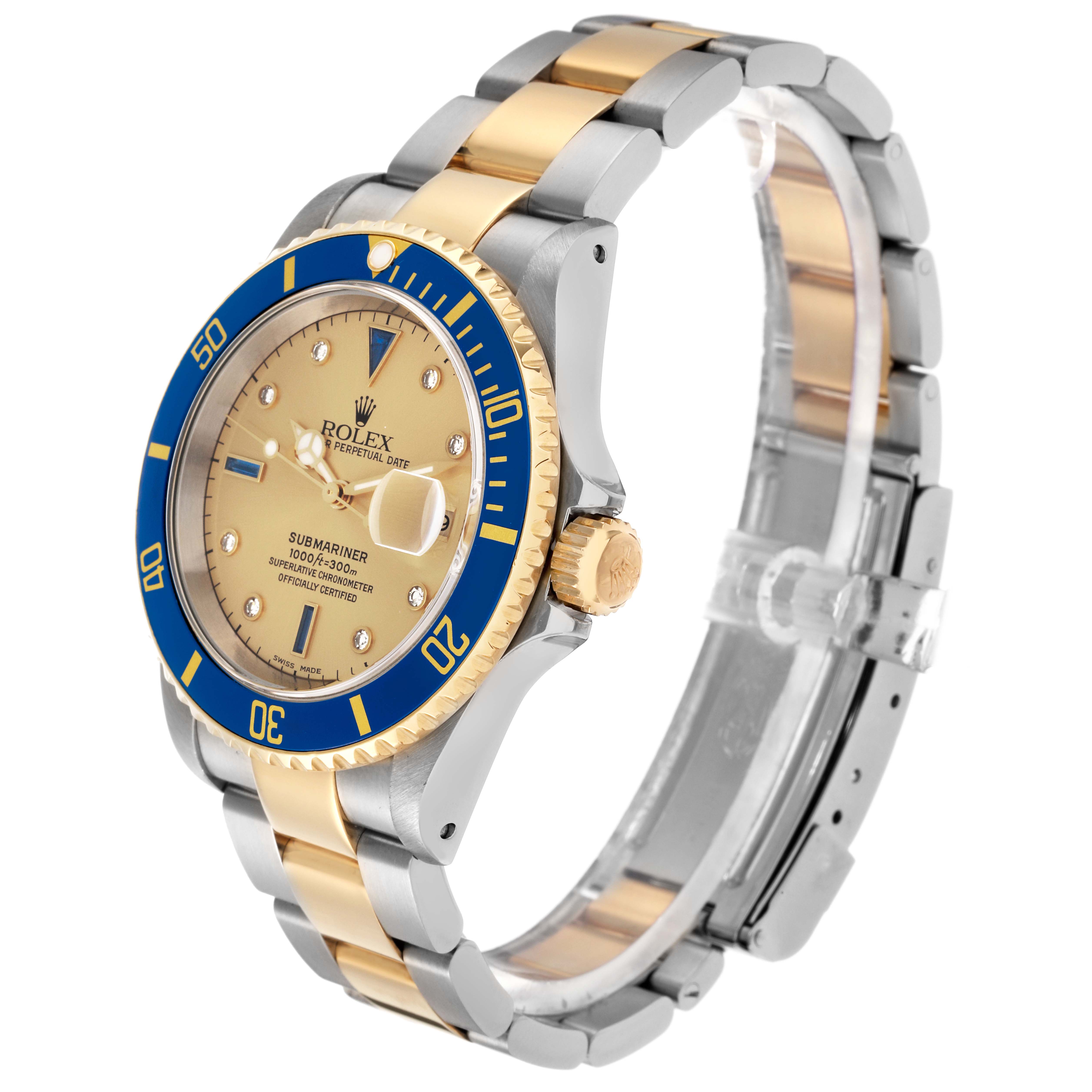 The Rolex Submariner 16613 Men
s Steel and Gold (two tone) Champagne Dial 16613 Men
s Steel and Gold (two tone) Champagne Dial watch is shown at an angled side view, highlighting the bezel, face, and bracelet.