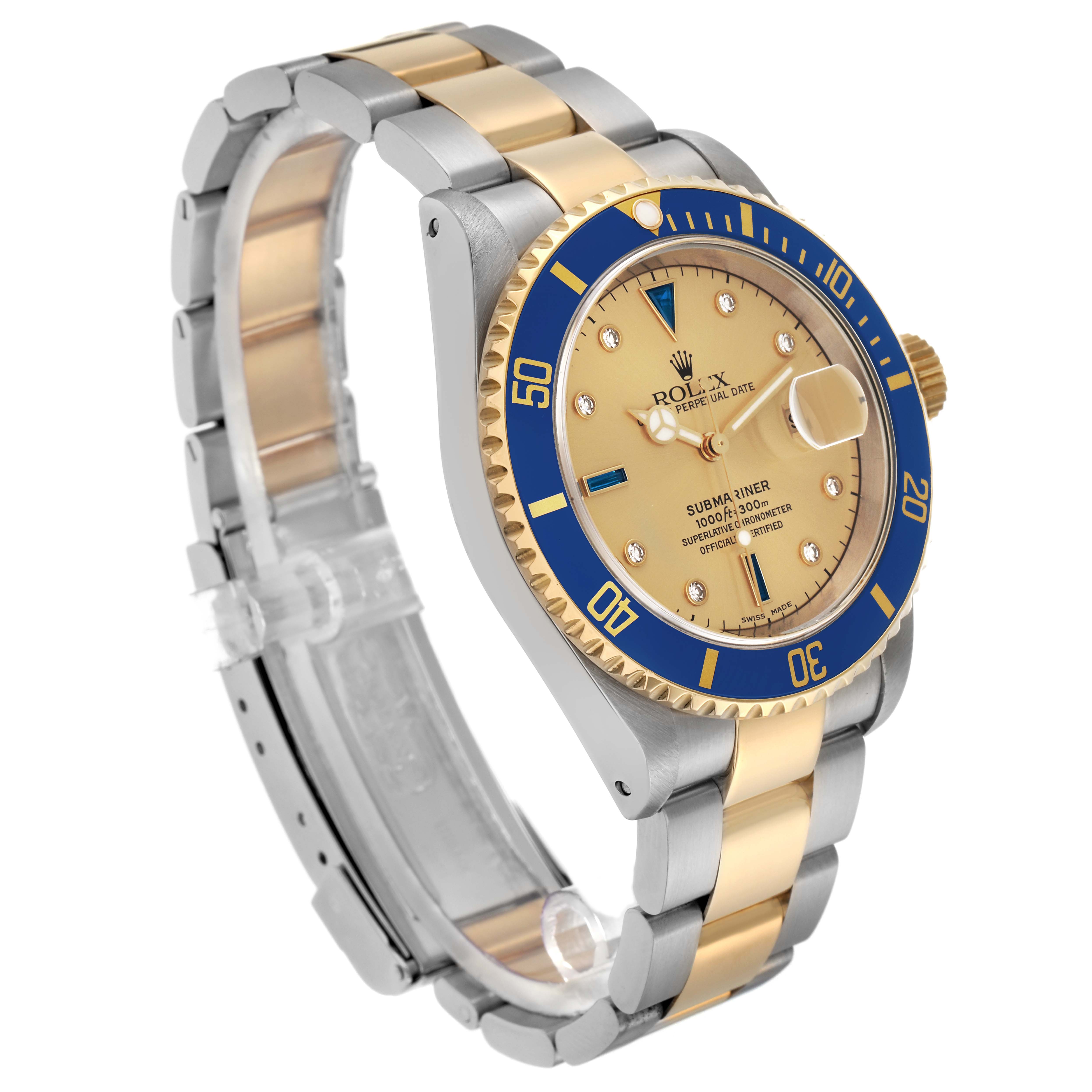 The Rolex Submariner 16613 Men
s Steel and Gold (two tone) Champagne Dial 16613 Men
s Steel and Gold (two tone) Champagne Dial watch is shown at an angled side view, featuring its dial, bezel, and two-tone bracelet.