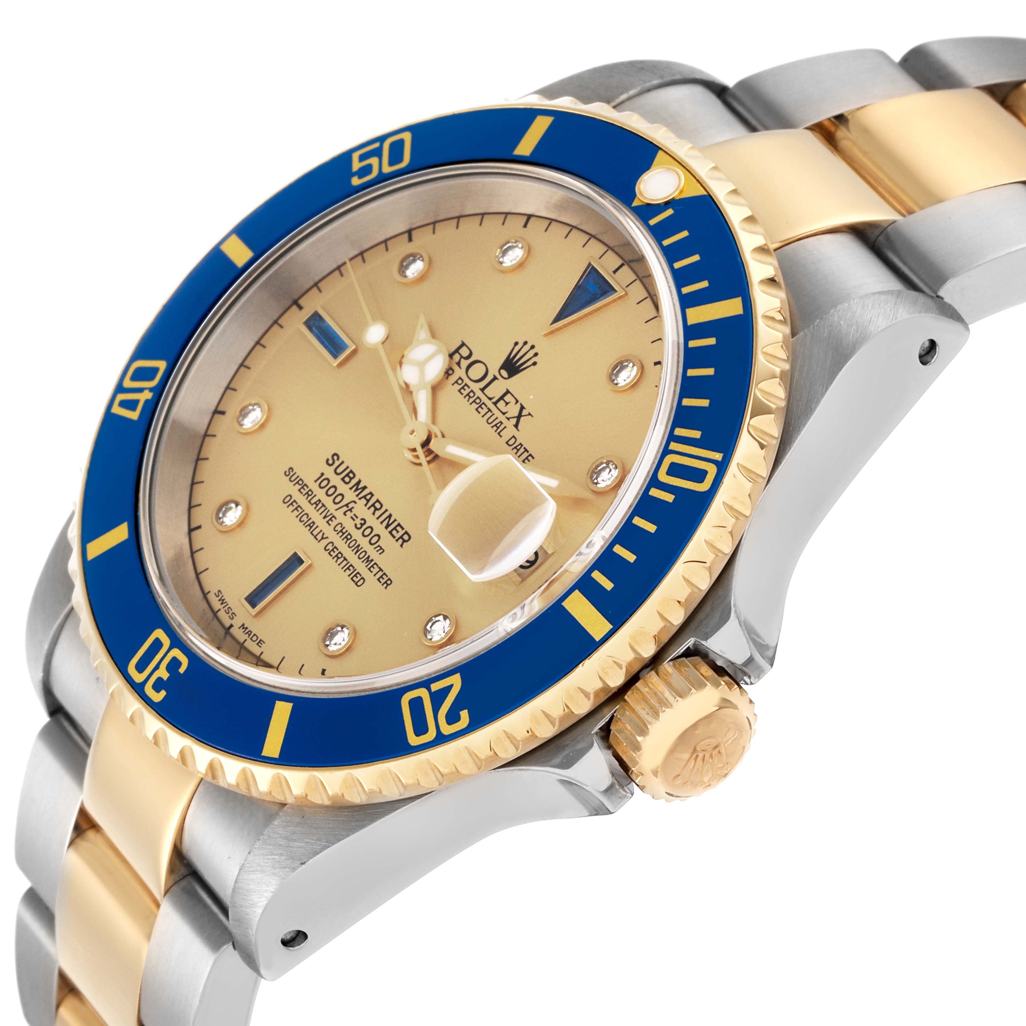 The Rolex Submariner 16613 Men
s Steel and Gold (two tone) Champagne Dial 16613 Men
s Steel and Gold (two tone) Champagne Dial watch is shown from a side angle, highlighting its dial, bezel, crown, and bracelet.