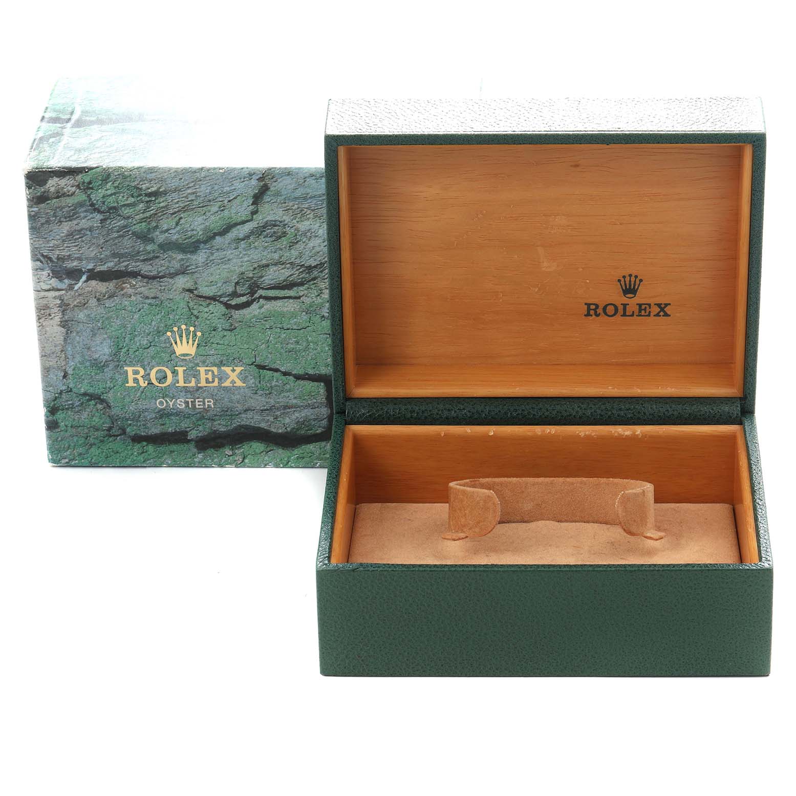 The image shows a Rolex Submariner 16613 Men
s Steel and Gold (two tone) Champagne Dial 16613 Men
s Steel and Gold (two tone) Champagne Dial watch box, with an outer sleeve partially in view, displayed open from the front.