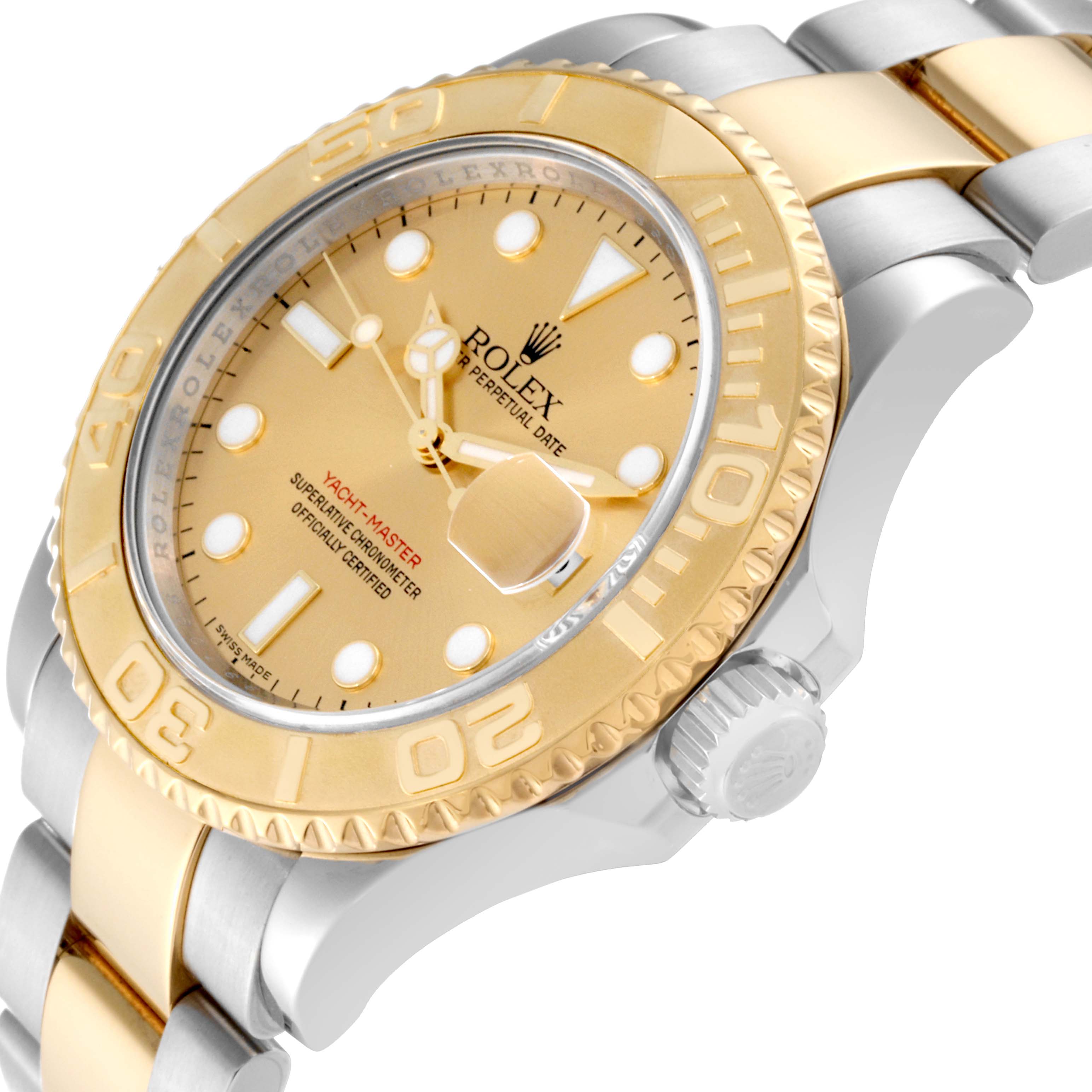 The Rolex Yacht-Master 16623 Men's Steel and Gold (two tone) Champagne Dial 16623 Men's Steel and Gold (two tone) Champagne Dial watch is shown at a slight angle, displaying its face, bezel, crown, and part of the metal bracelet.