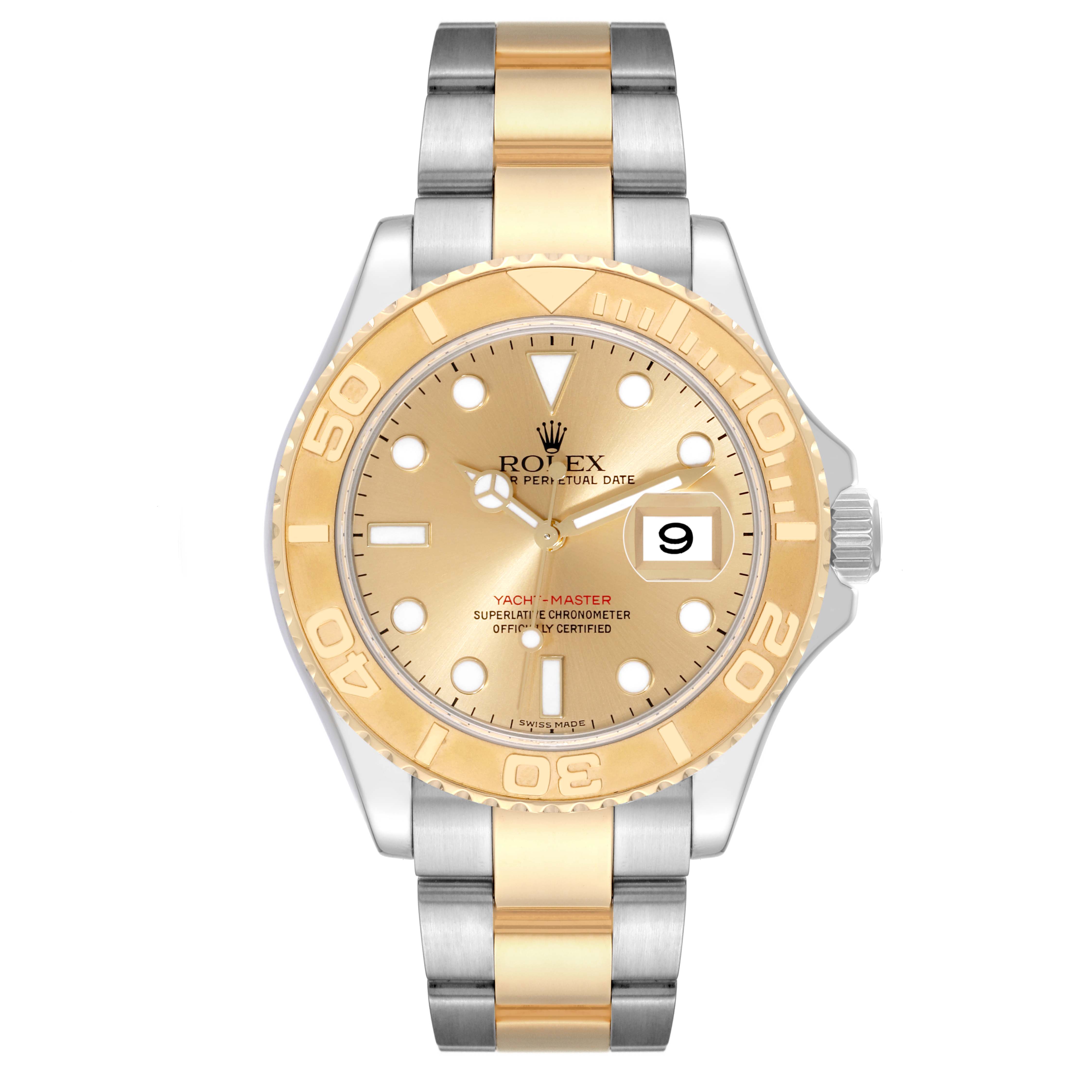 The image shows a front view of the Rolex Yacht-Master 16623 Men's Steel and Gold (two tone) Champagne Dial 16623 Men's Steel and Gold (two tone) Champagne Dial watch, highlighting its dial, bezel, and bracelet.