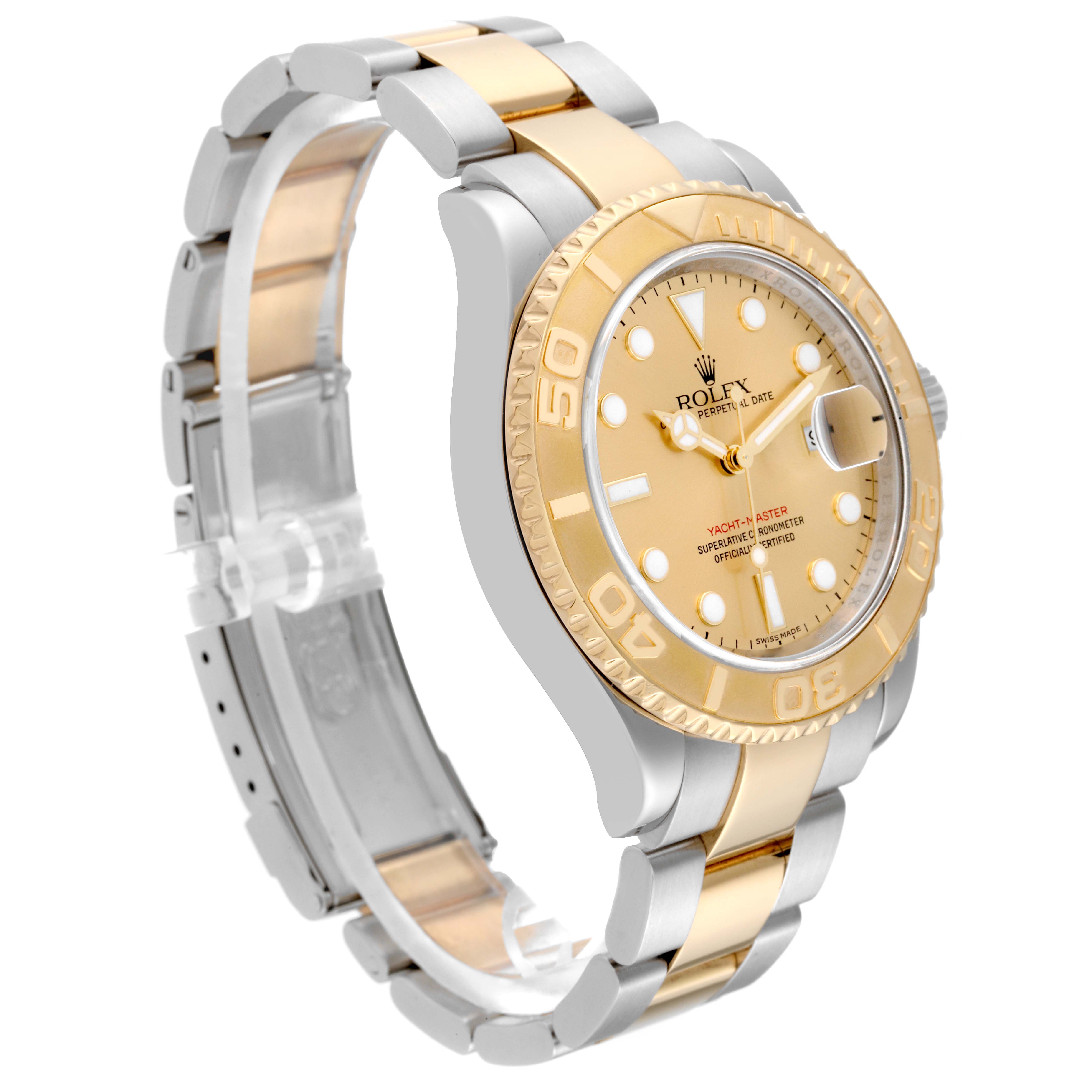The image shows a Rolex Yacht-Master 16623 Men's Steel and Gold (two tone) Champagne Dial 16623 Men's Steel and Gold (two tone) Champagne Dial watch at a 3/4 angled view, highlighting its gold bezel, dial, and two-tone bracelet.