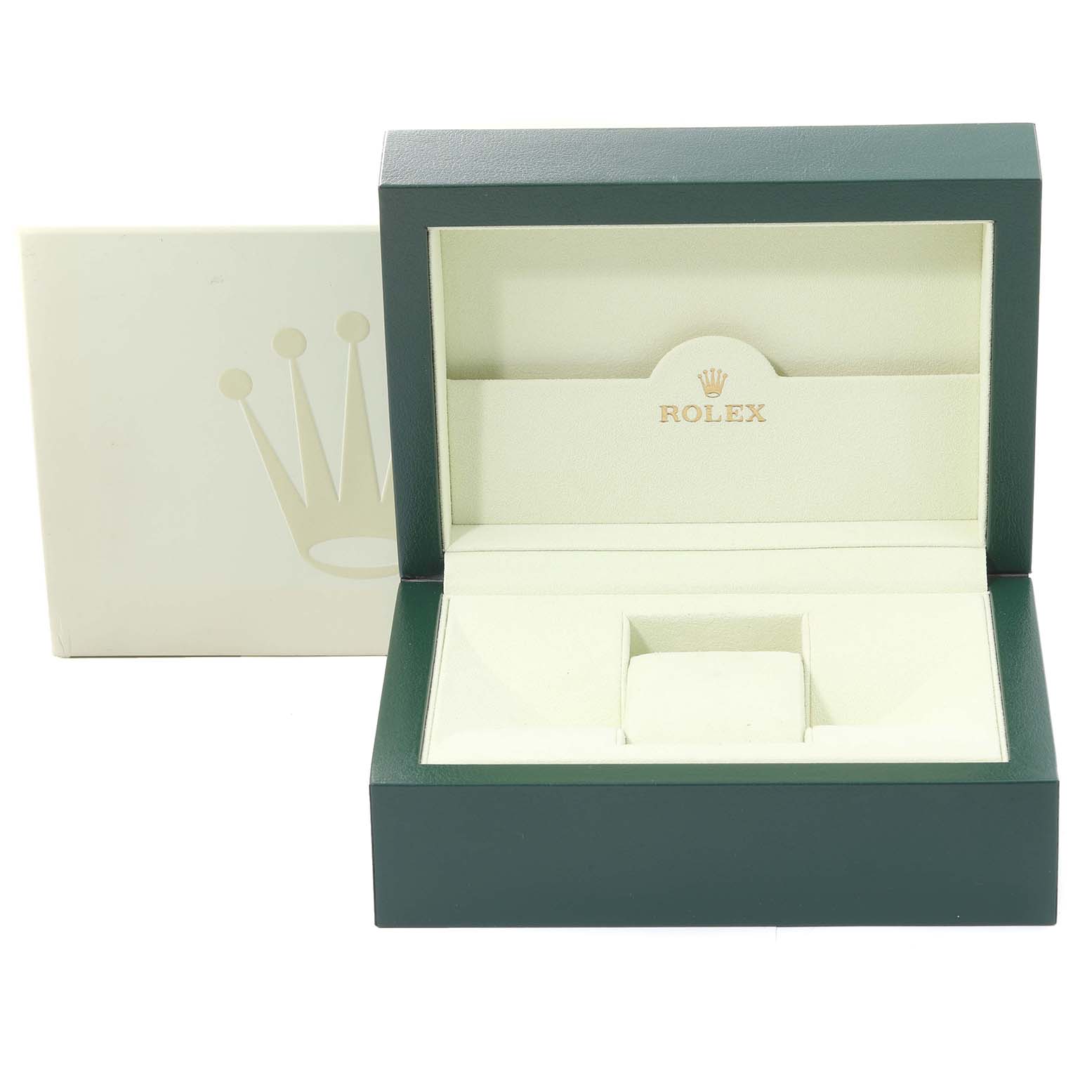 The image shows the open presentation box for a Rolex Yacht-Master 16623 Men's Steel and Gold (two tone) Champagne Dial 16623 Men's Steel and Gold (two tone) Champagne Dial watch, displaying the interior compartment.