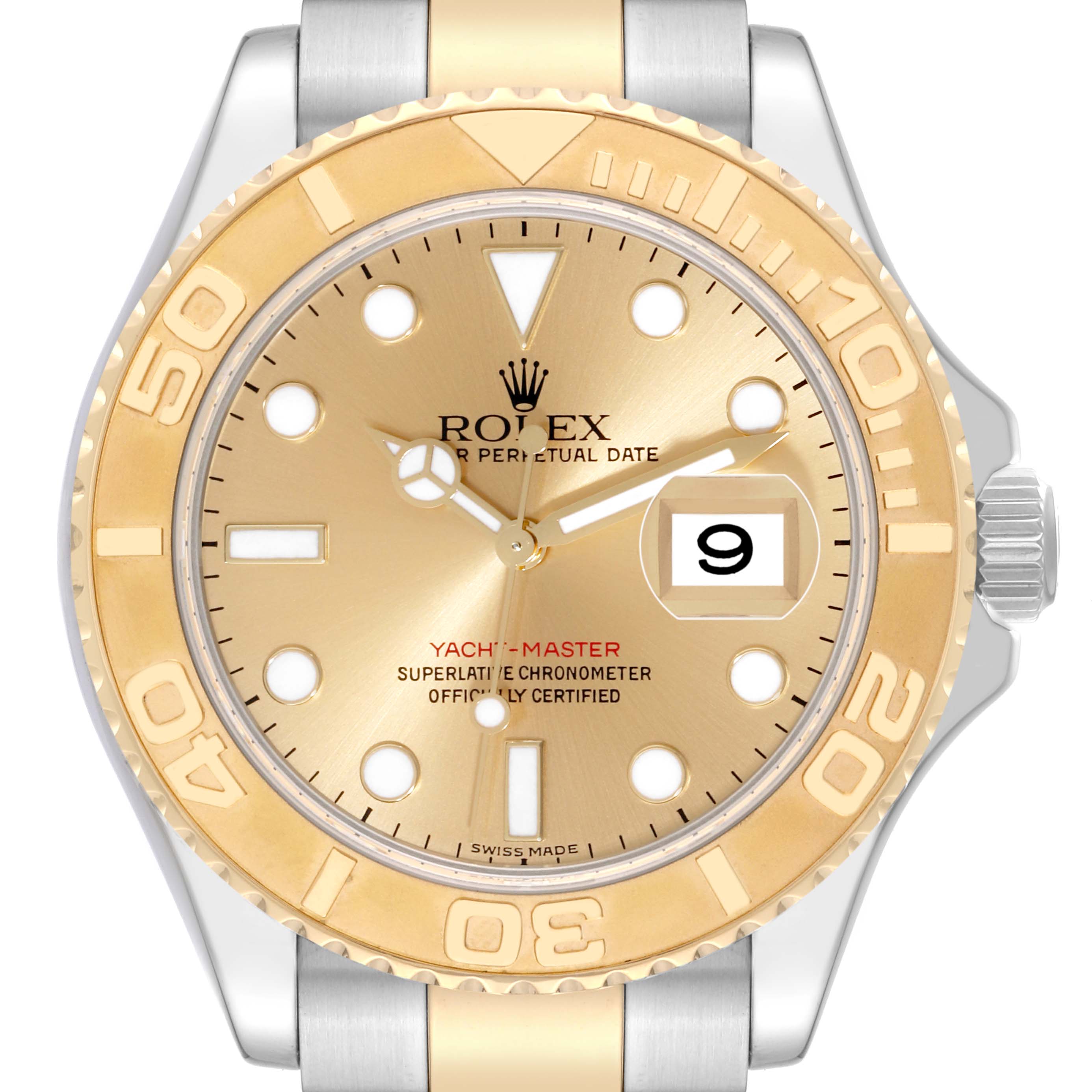 The image shows a front view of a Rolex Yacht-Master 16623 Men's Steel and Gold (two tone) Champagne Dial 16623 Men's Steel and Gold (two tone) Champagne Dial watch displaying its face, bezel, and part of the bracelet.