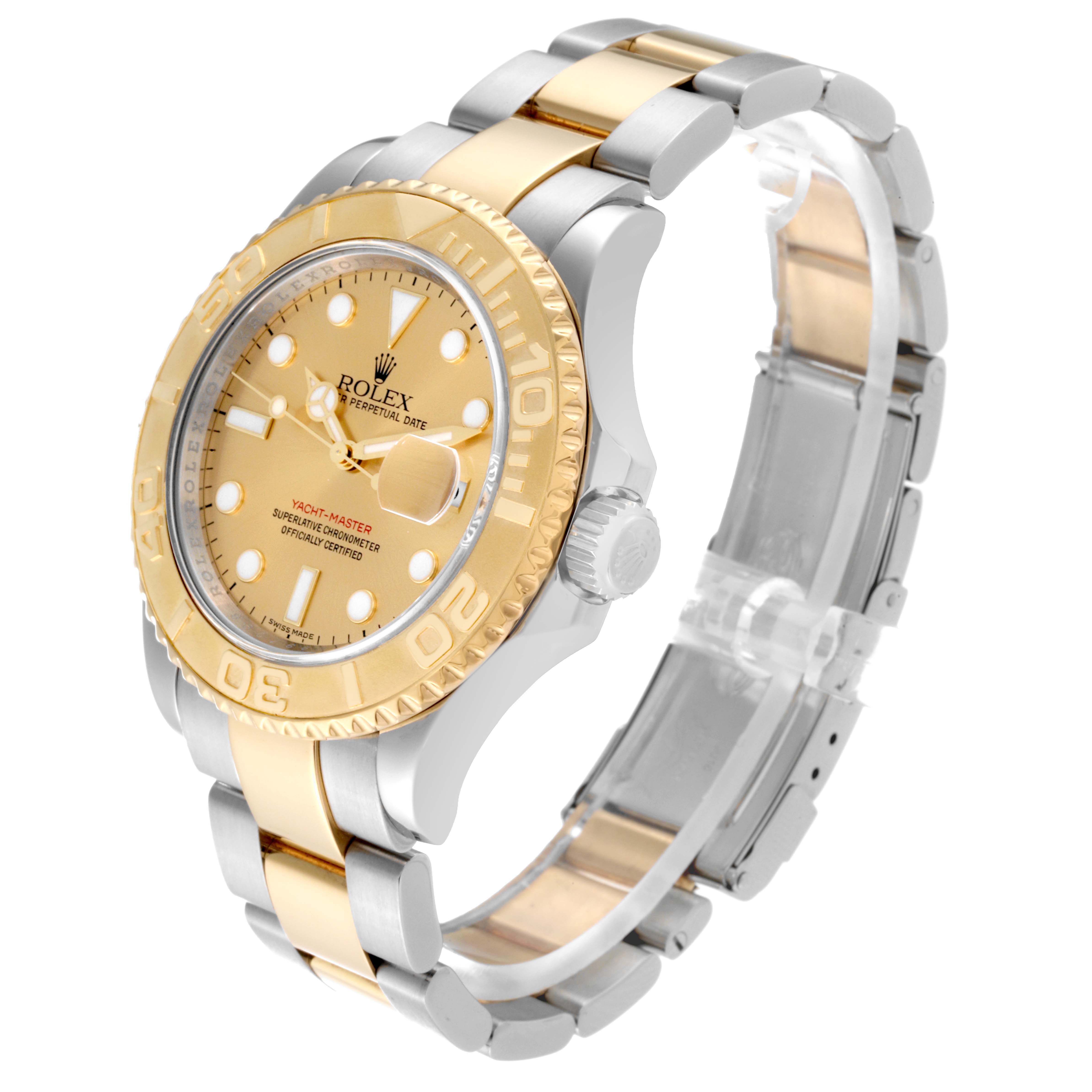 This Rolex Yacht-Master 16623 Men's Steel and Gold (two tone) Champagne Dial 16623 Men's Steel and Gold (two tone) Champagne Dial watch is shown from a side angle, displaying its gold bezel, crown, dial, and two-tone bracelet.