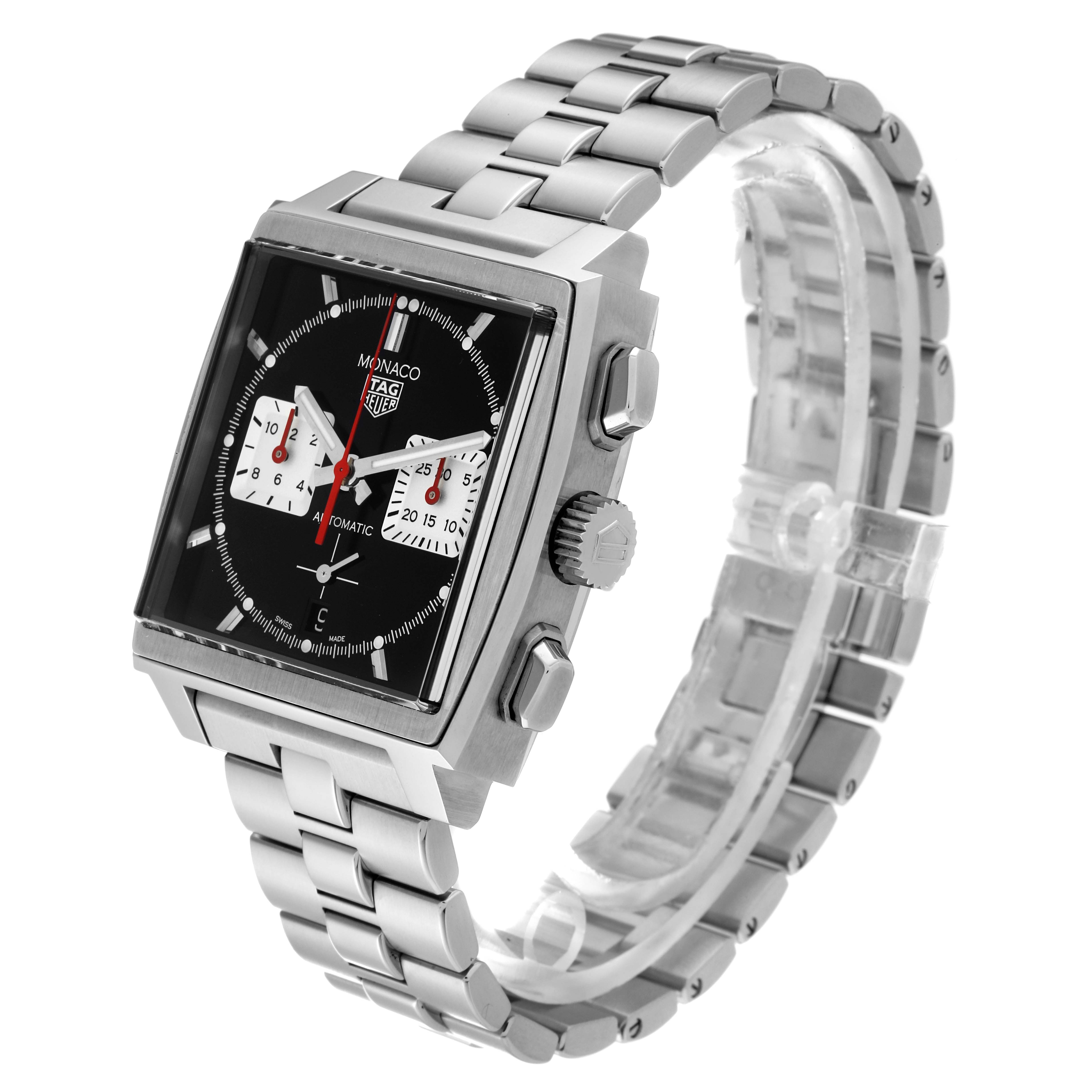 The image shows a side angle of the Tag Heuer Monaco CBL2113.BA0644 Men
s Stainless Steel Black Dial CBL2113.BA0644 Men
s Stainless Steel Black Dial watch, highlighting its square face, chronograph buttons, and metal bracelet.