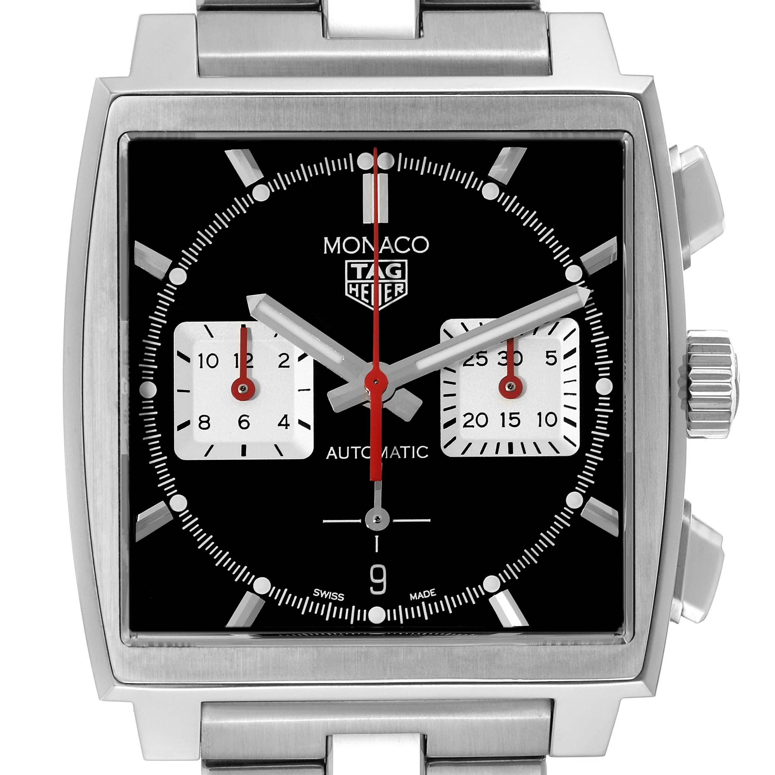 The image shows a frontal view of a Tag Heuer Monaco CBL2113.BA0644 Men
s Stainless Steel Black Dial CBL2113.BA0644 Men
s Stainless Steel Black Dial watch, highlighting its square dial, subdials, and stainless steel case.