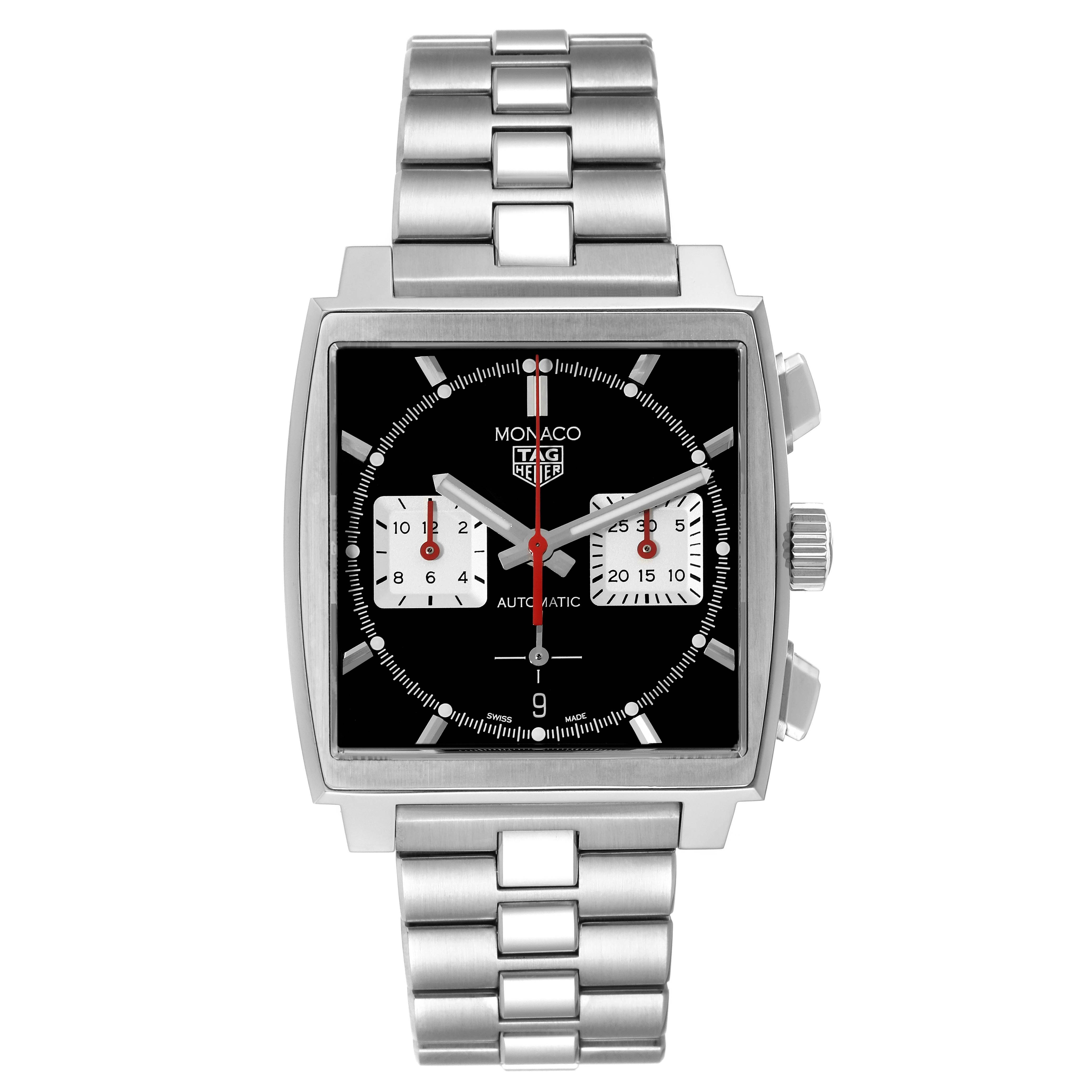 This image shows the face and band of a Tag Heuer Monaco CBL2113.BA0644 Men
s Stainless Steel Black Dial CBL2113.BA0644 Men
s Stainless Steel Black Dial watch from a front angle.