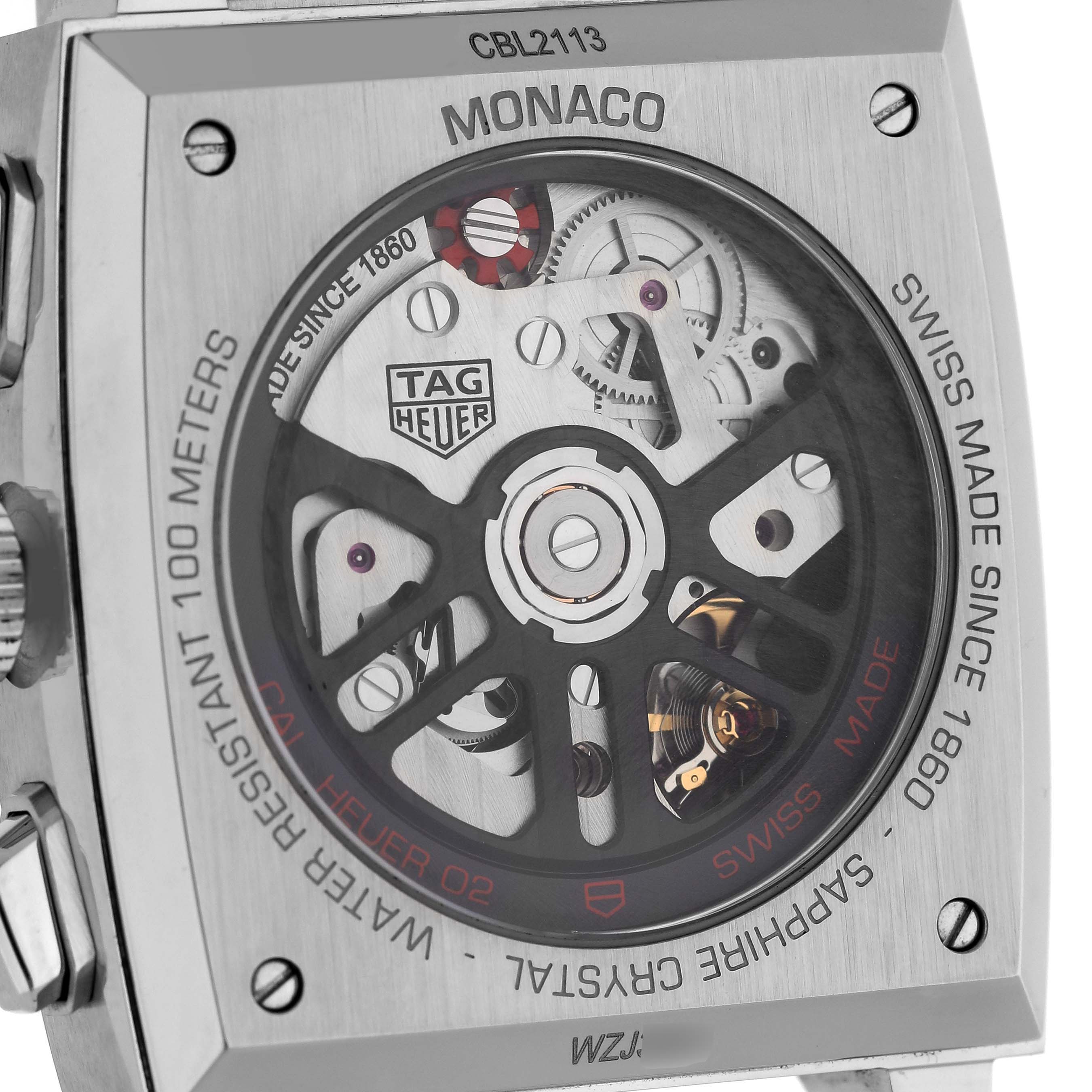 This image shows the rear view of the Tag Heuer Monaco CBL2113.BA0644 Men
s Stainless Steel Black Dial CBL2113.BA0644 Men
s Stainless Steel Black Dial watch, highlighting its exposed movement and internal mechanism.