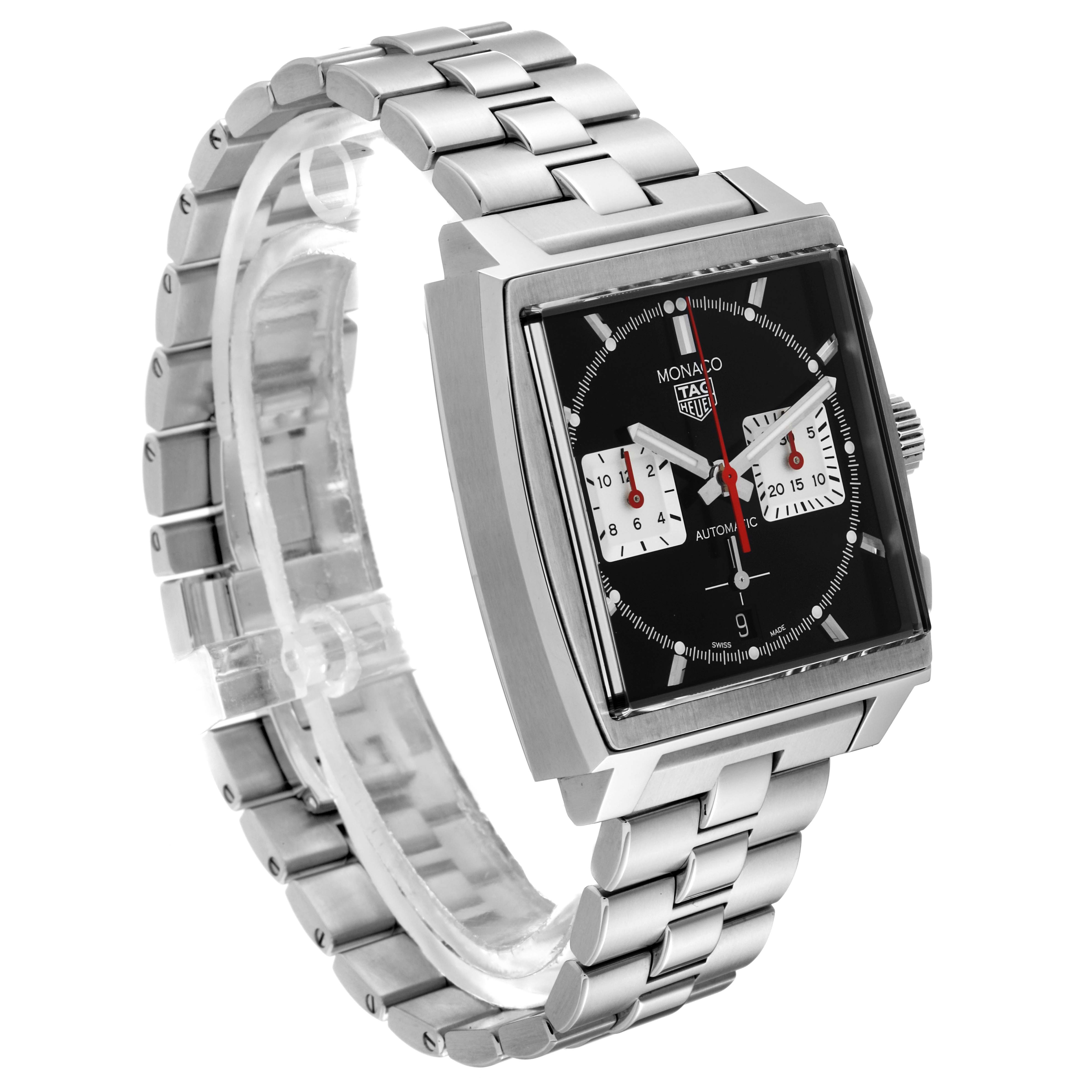 The image shows a Tag Heuer Monaco CBL2113.BA0644 Men
s Stainless Steel Black Dial CBL2113.BA0644 Men
s Stainless Steel Black Dial watch at a slight angle, highlighting its square face and stainless steel bracelet.
