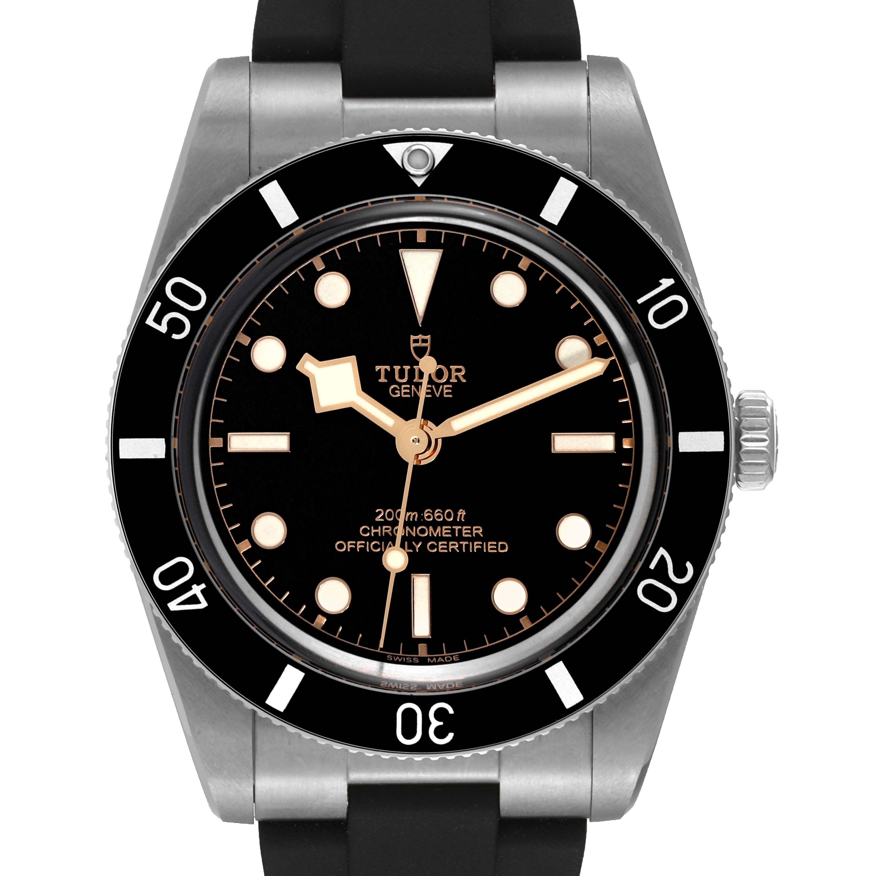This is a front view of the Tudor Heritage Black Bay M79000N-0002 Men
s Stainless Steel Black Dial M79000N-0002 Men
s Stainless Steel Black Dial watch, showcasing the dial, bezel, and part of the strap.