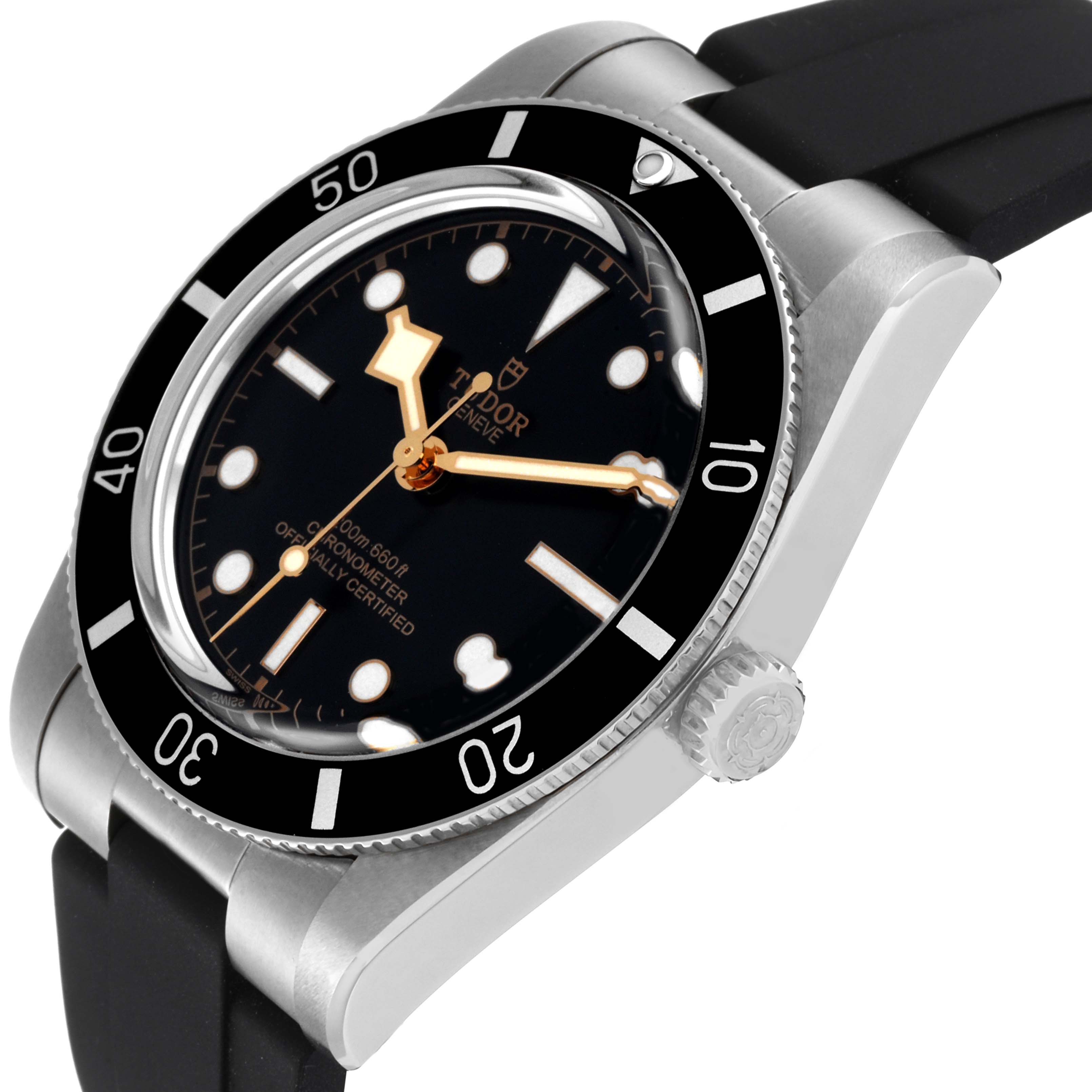 The image shows a Heritage Black Bay model by Tudor at a slightly angled side view, highlighting the bezel, dial, and crown.