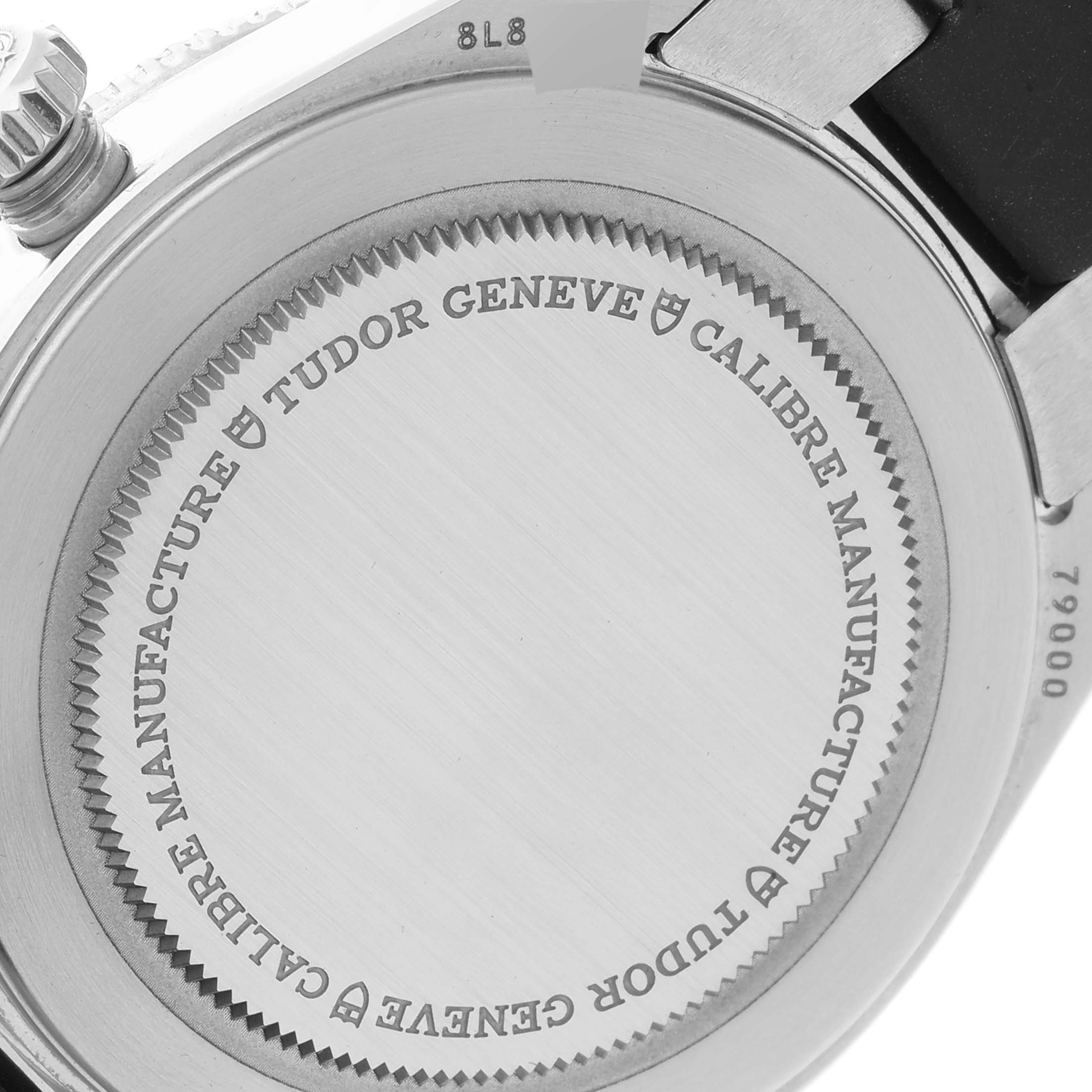 This image shows the case back of the Tudor Heritage Black Bay M79000N-0002 Men
s Stainless Steel Black Dial M79000N-0002 Men
s Stainless Steel Black Dial watch, highlighting the engraved details.