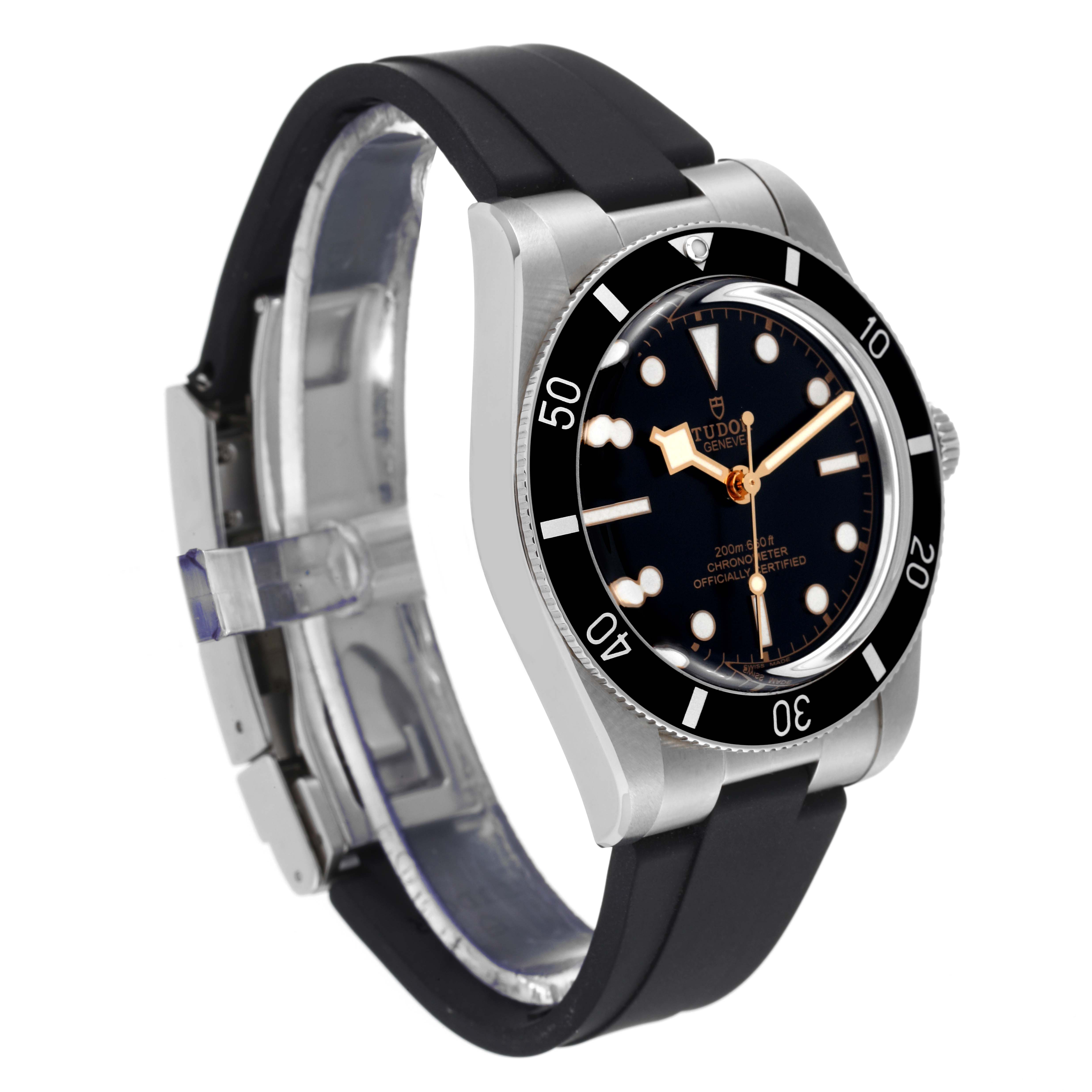 This image shows a Tudor Heritage Black Bay M79000N-0002 Men
s Stainless Steel Black Dial M79000N-0002 Men
s Stainless Steel Black Dial watch from a front-left angle, highlighting the dial, bezel, and strap.