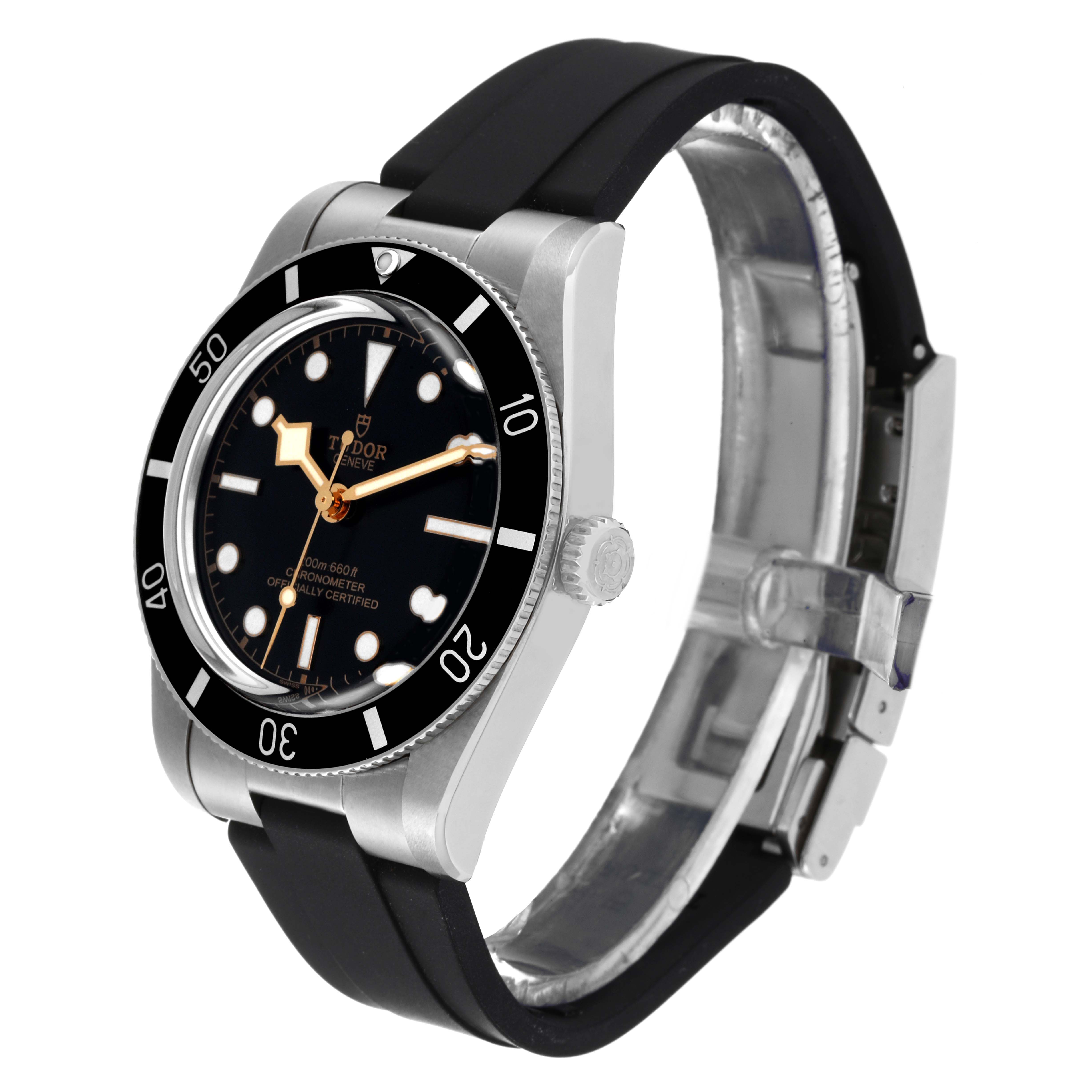 The image shows a Tudor Heritage Black Bay M79000N-0002 Men
s Stainless Steel Black Dial M79000N-0002 Men
s Stainless Steel Black Dial watch at a slight angle, displaying its dial, bezel, crown, and black strap.